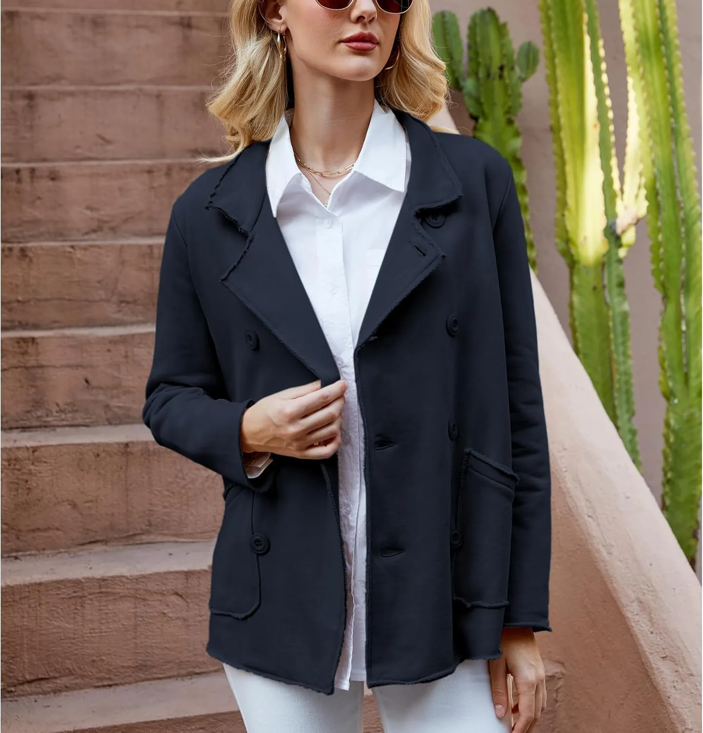 Ainangua Classic Trench Coats for Women Double Breasted Belfast Fleece Peacoat Jackets Essentials Fall Winter Coat