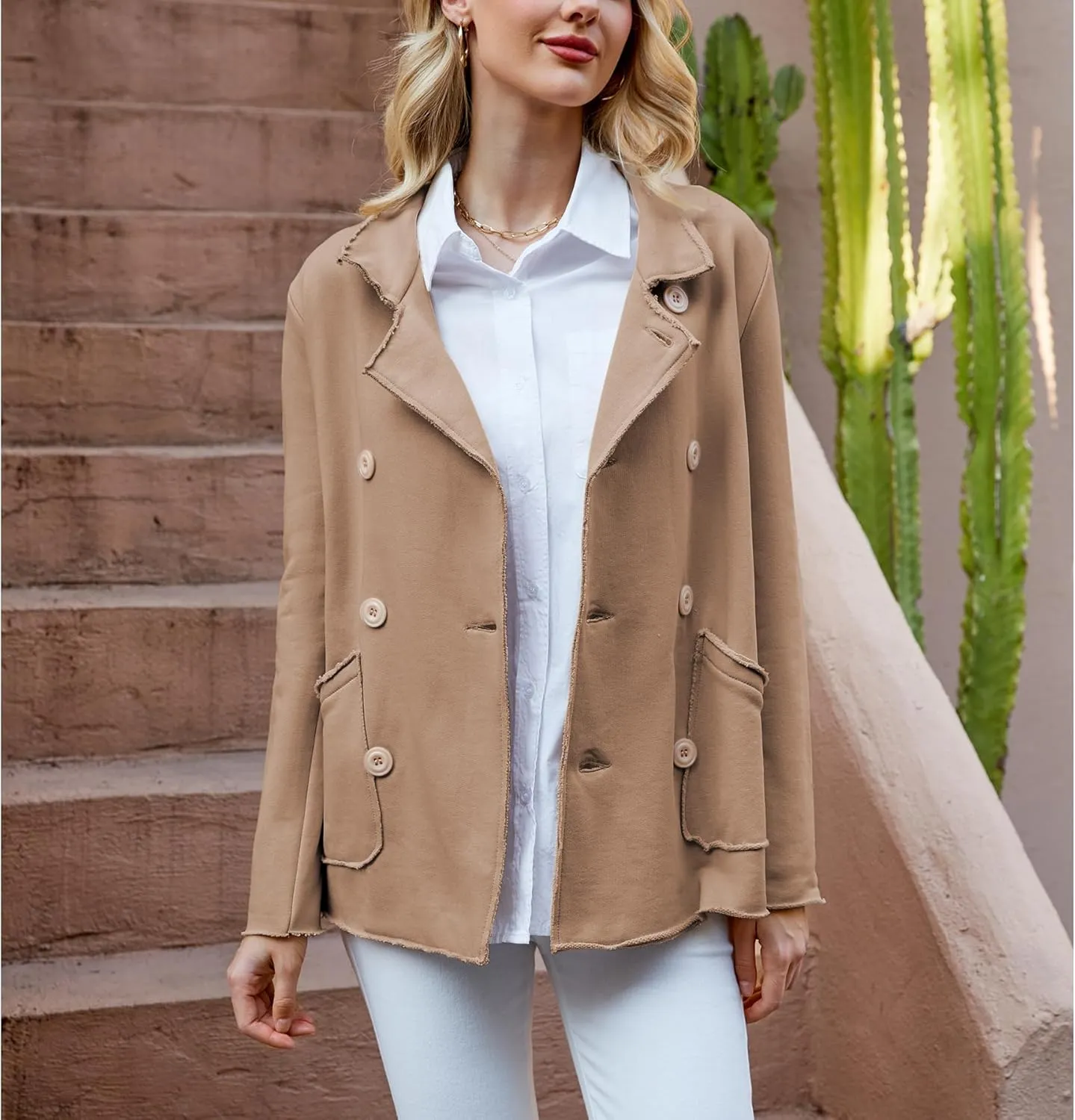 Ainangua Classic Trench Coats for Women Double Breasted Belfast Fleece Peacoat Jackets Essentials Fall Winter Coat