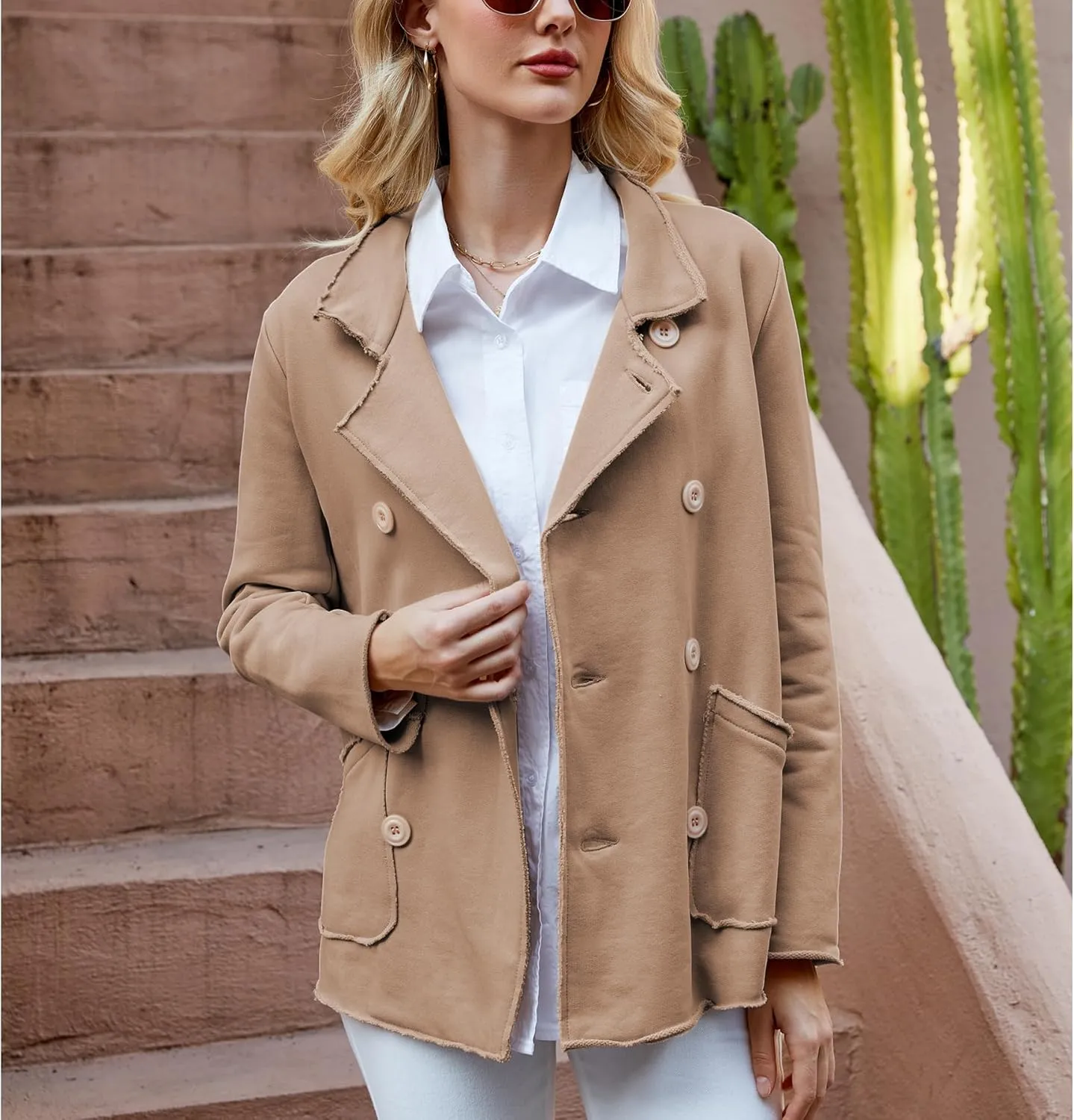 Ainangua Classic Trench Coats for Women Double Breasted Belfast Fleece Peacoat Jackets Essentials Fall Winter Coat