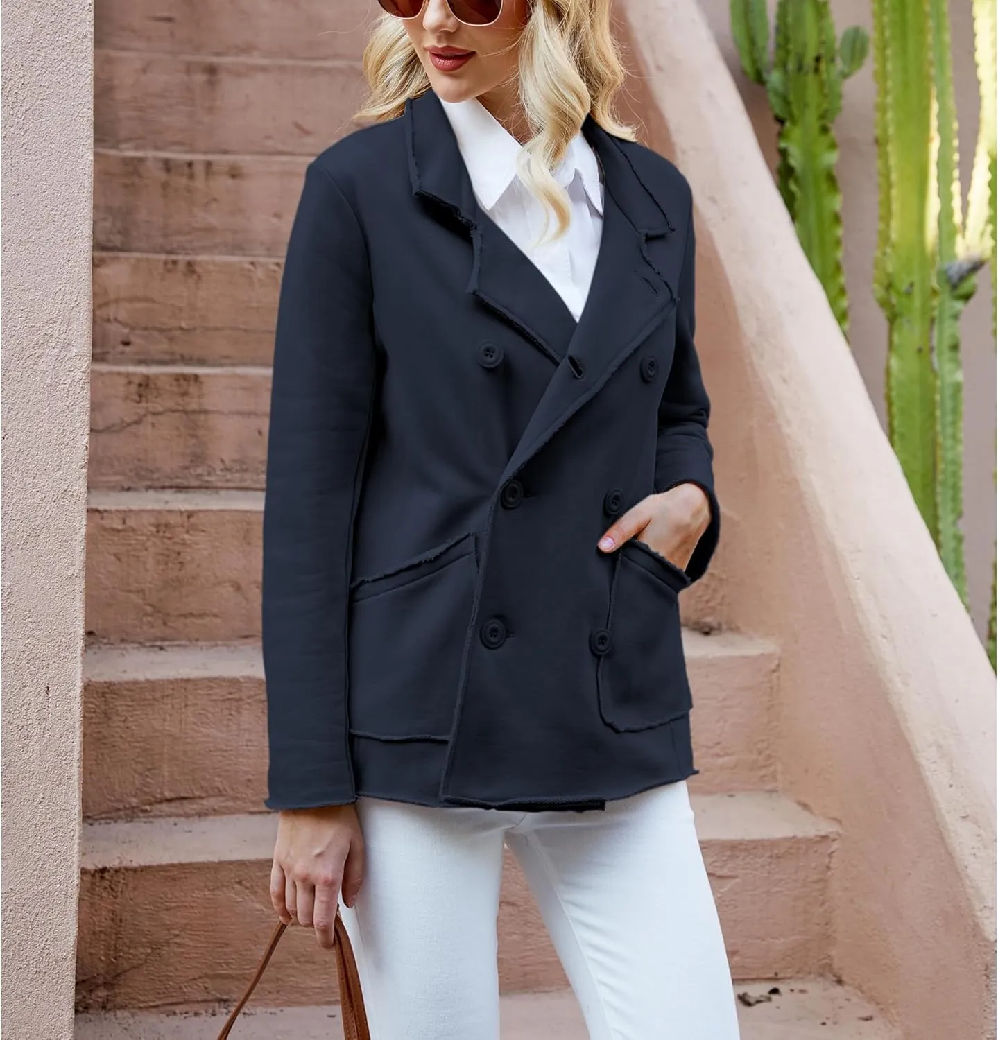 Ainangua Classic Trench Coats for Women Double Breasted Belfast Fleece Peacoat Jackets Essentials Fall Winter Coat