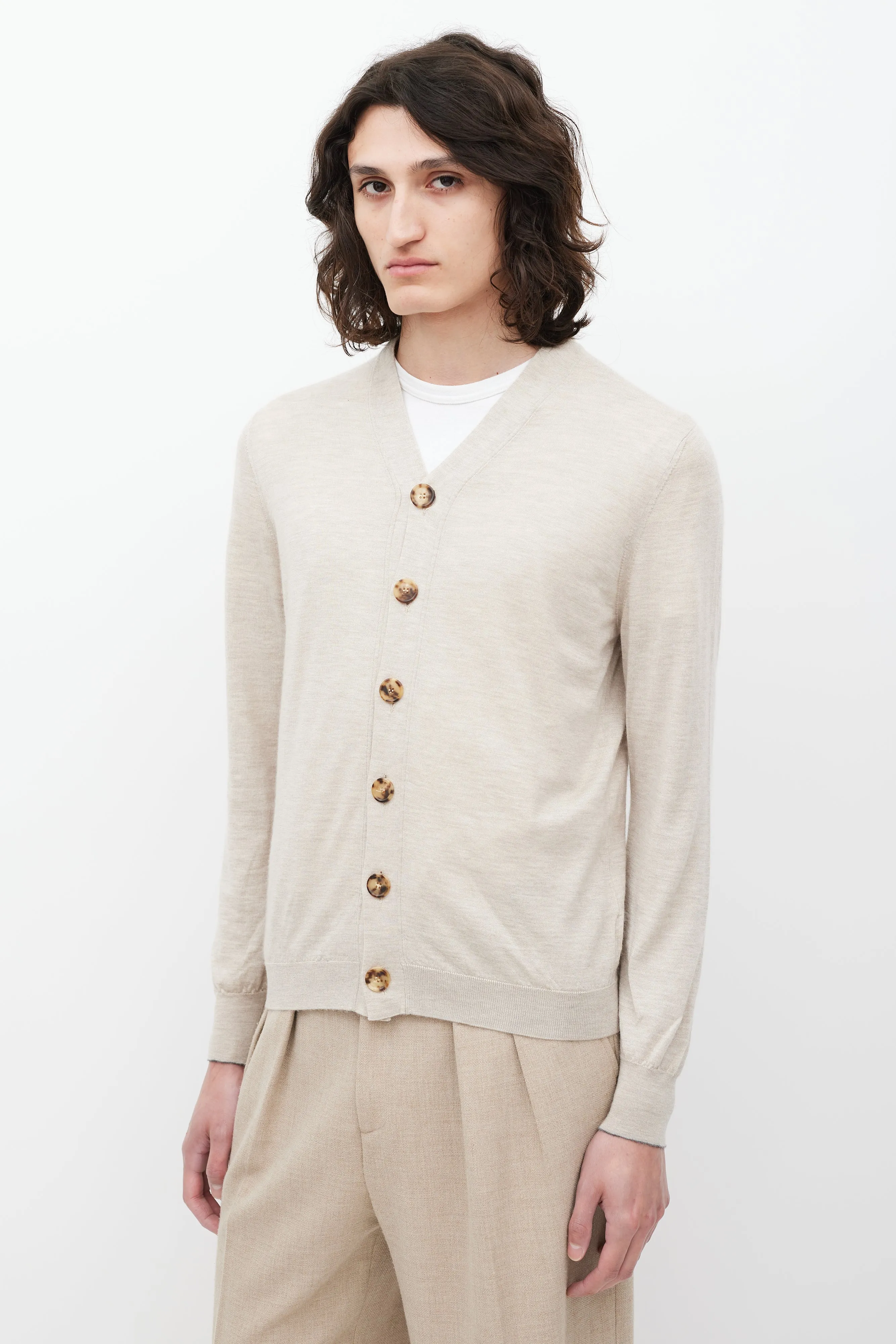 Beige Cashmere & Silk V-Neck Cardigan