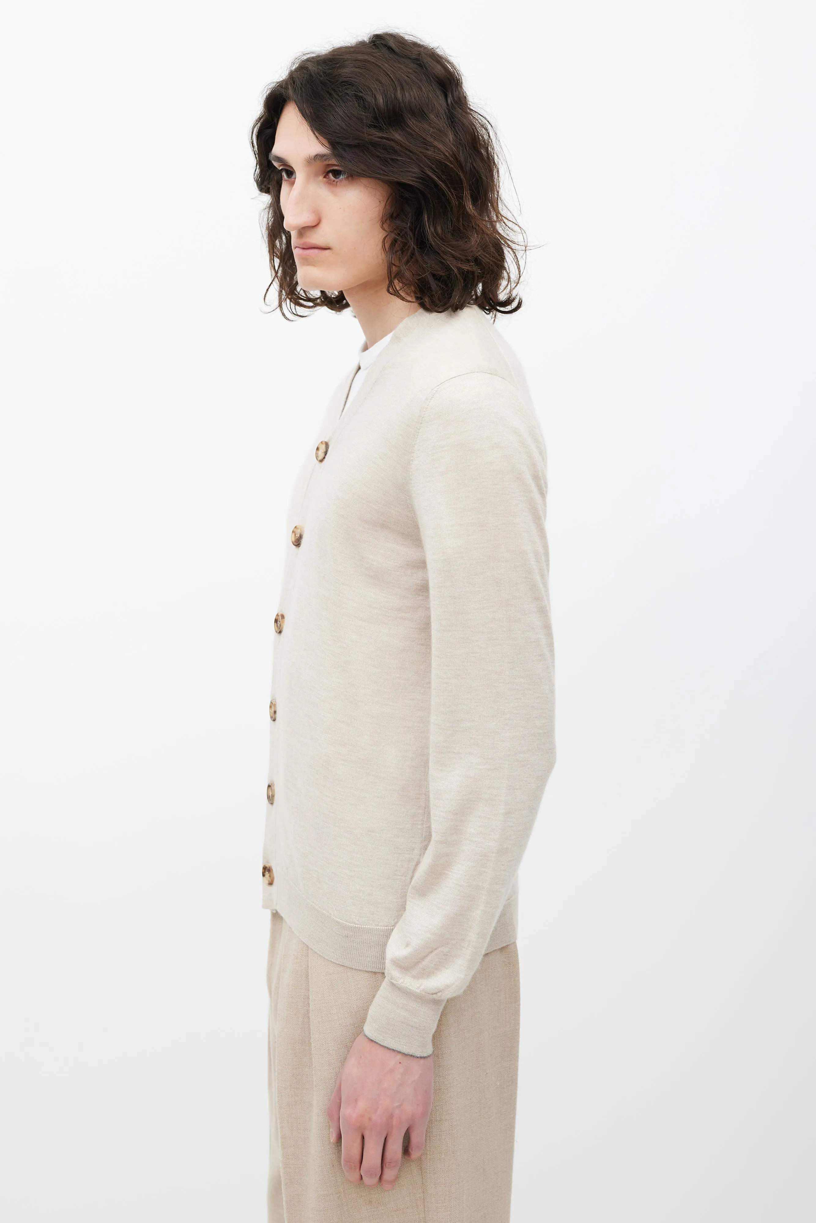 Beige Cashmere & Silk V-Neck Cardigan