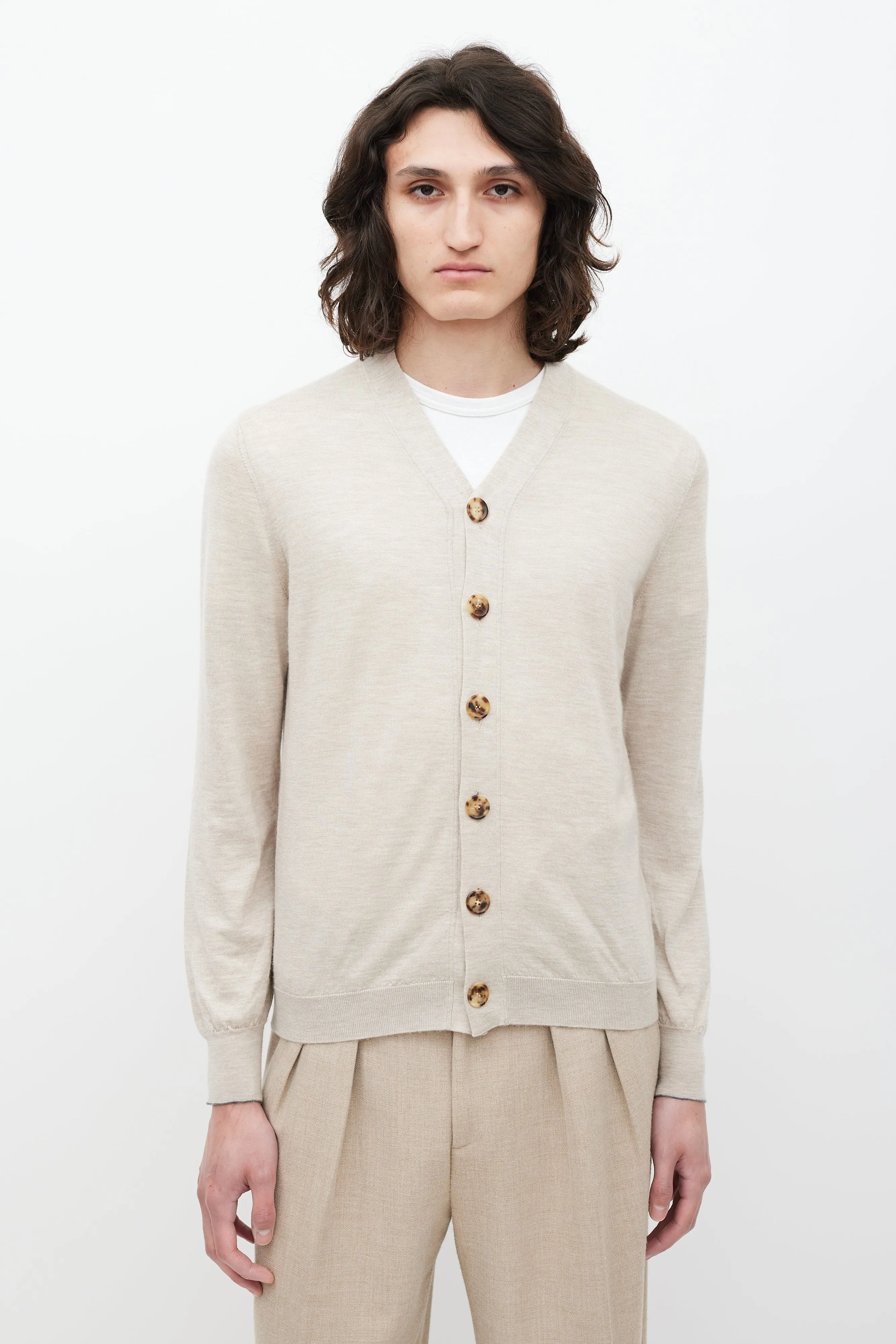Beige Cashmere & Silk V-Neck Cardigan