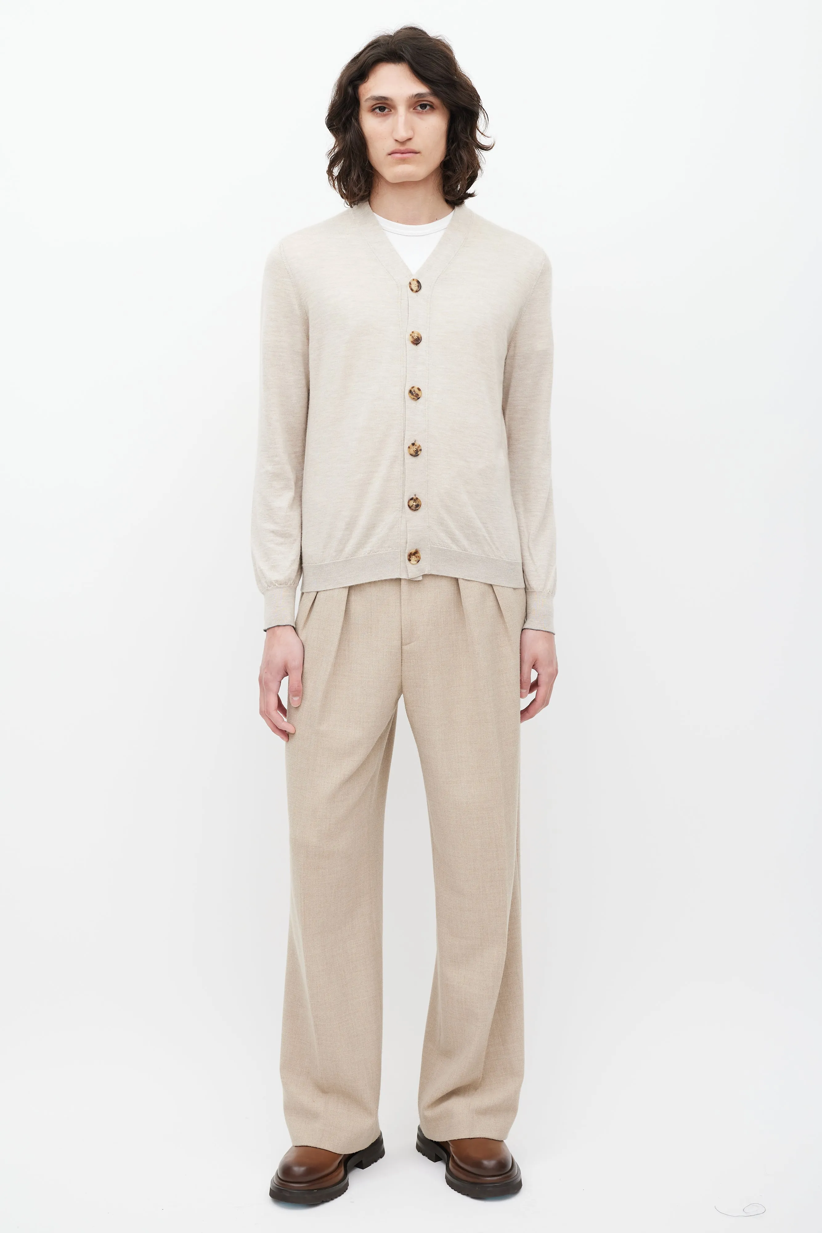 Beige Cashmere & Silk V-Neck Cardigan