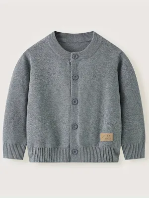 Boys Knit Cardigan, Preppy Style Long Sleeve Crew Neck Top For Fall/Winter