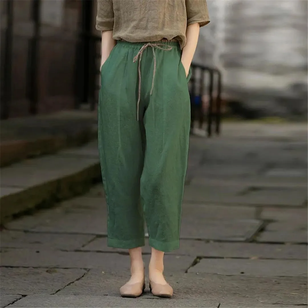 Casual Elastic High Waist Cotton Linen Pants Women Vintage Baggy Harem Pantalones Trousers