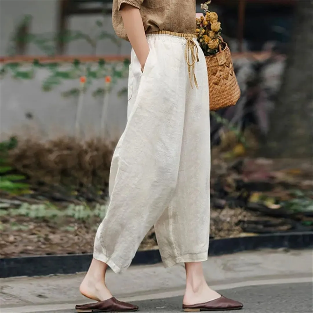 Casual Elastic High Waist Cotton Linen Pants Women Vintage Baggy Harem Pantalones Trousers