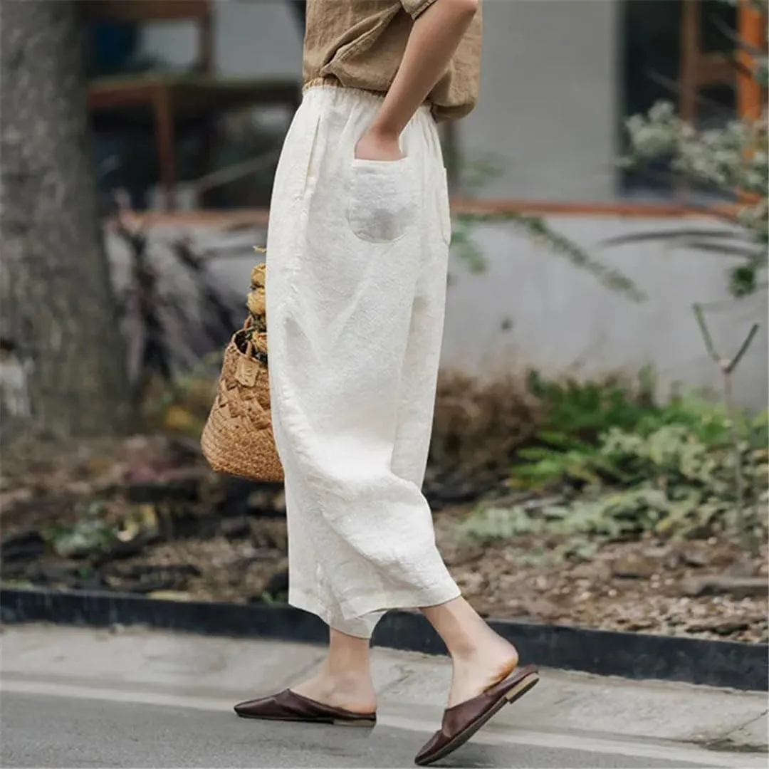 Casual Elastic High Waist Cotton Linen Pants Women Vintage Baggy Harem Pantalones Trousers