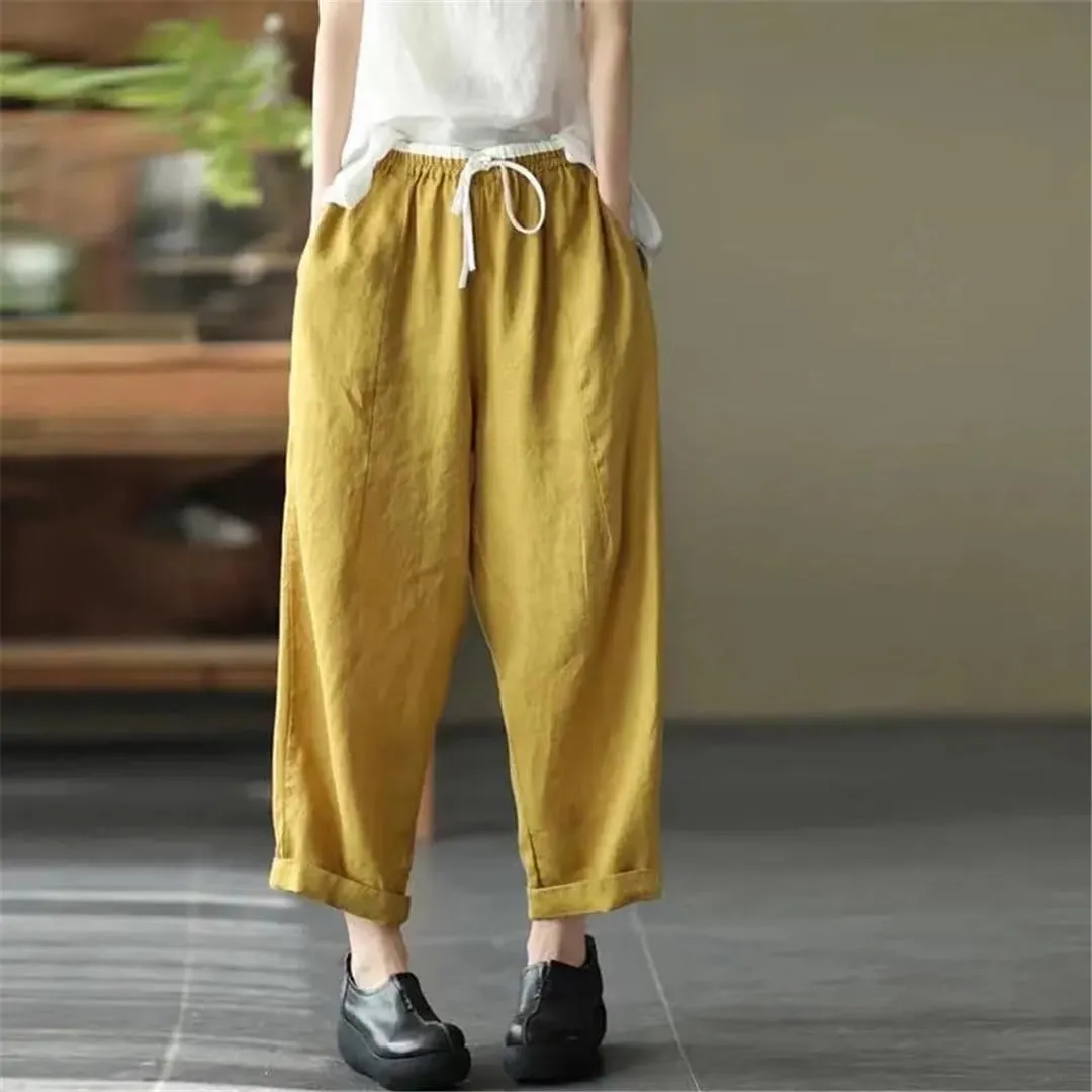 Casual Elastic High Waist Cotton Linen Pants Women Vintage Baggy Harem Pantalones Trousers