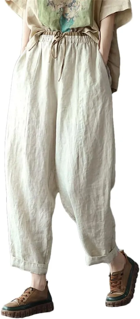 Casual Elastic High Waist Cotton Linen Pants Women Vintage Baggy Harem Pantalones Trousers