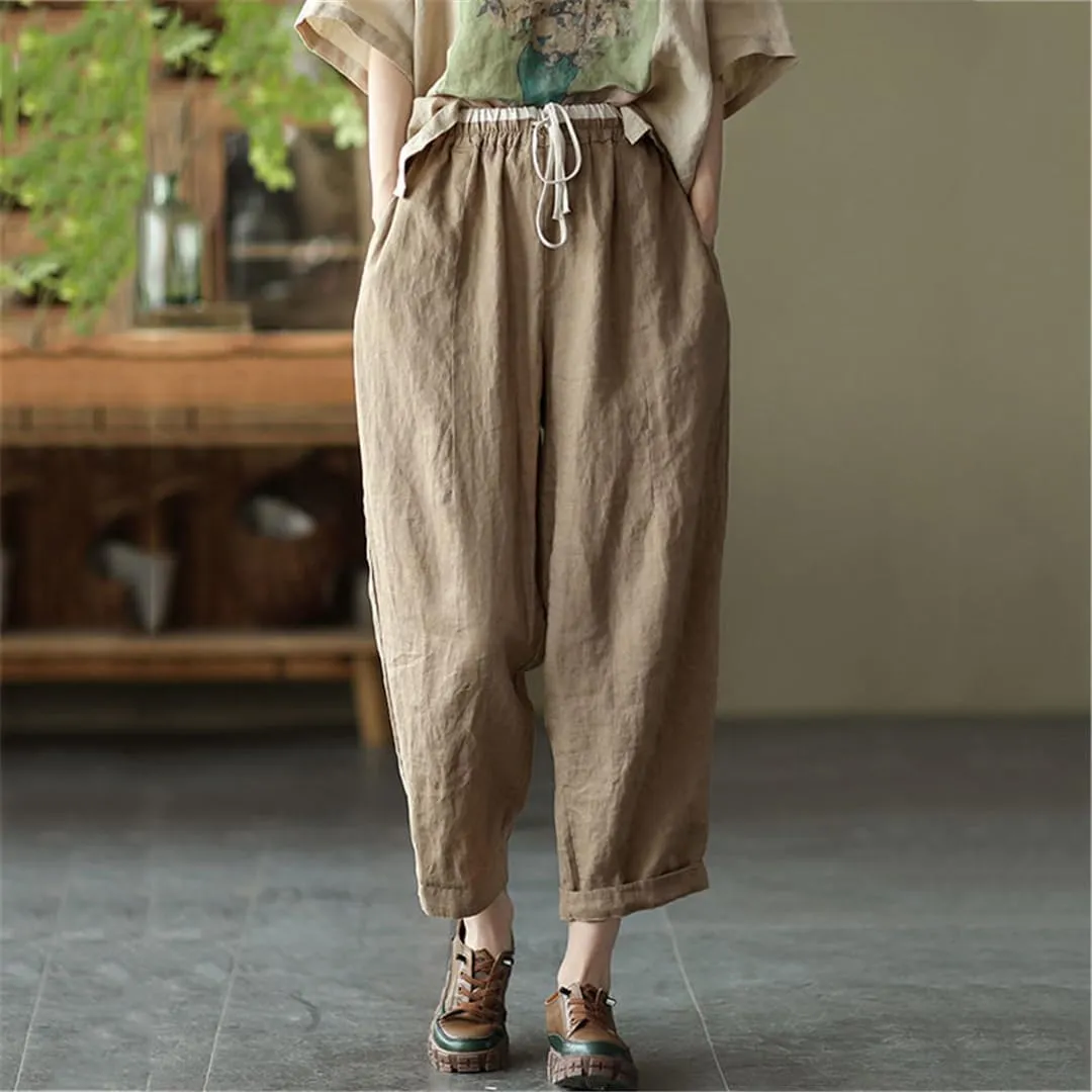 Casual Elastic High Waist Cotton Linen Pants Women Vintage Baggy Harem Pantalones Trousers