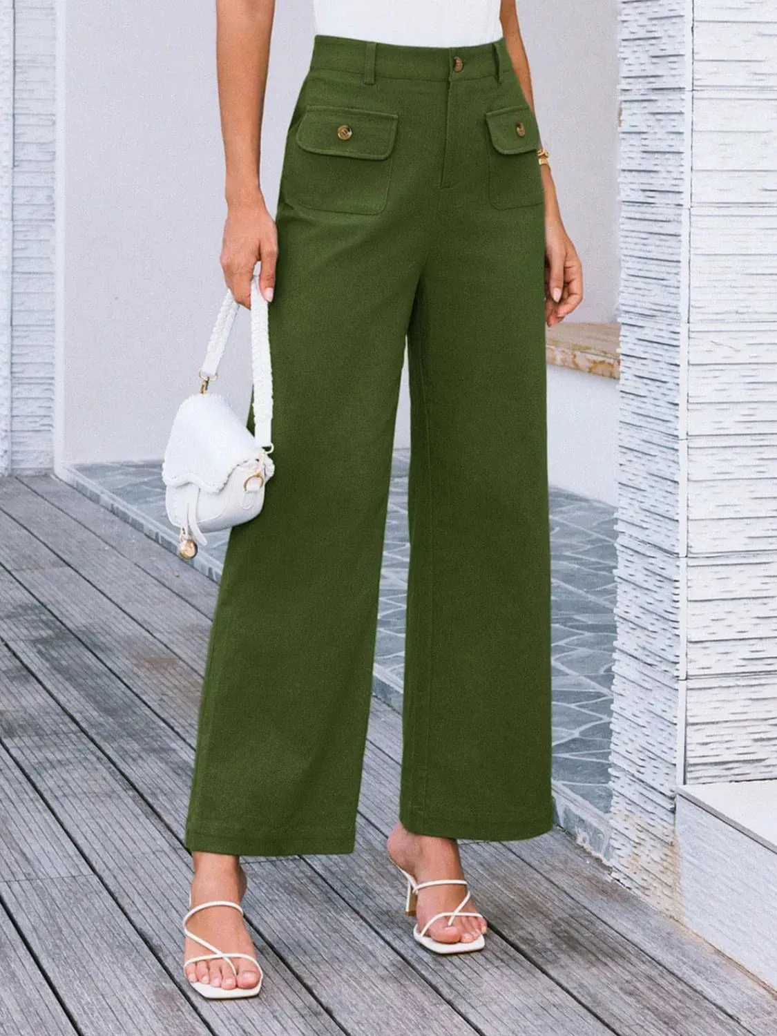 Closet Staple Design Gold Button High Waist Wide Leg Pants- Various Colors Options