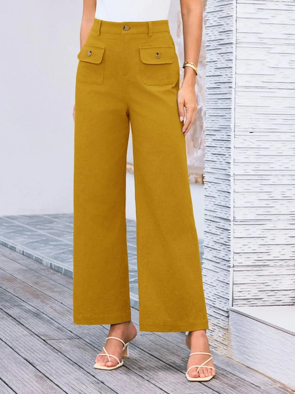 Closet Staple Design Gold Button High Waist Wide Leg Pants- Various Colors Options