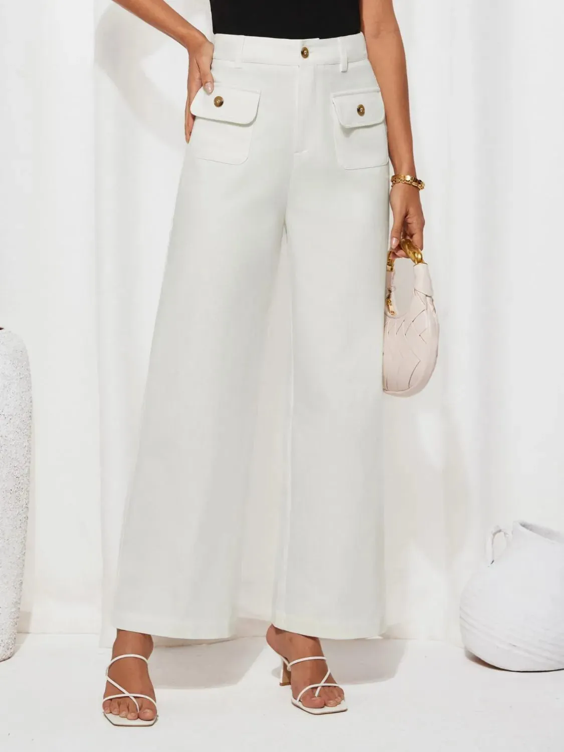 Closet Staple Design Gold Button High Waist Wide Leg Pants- Various Colors Options