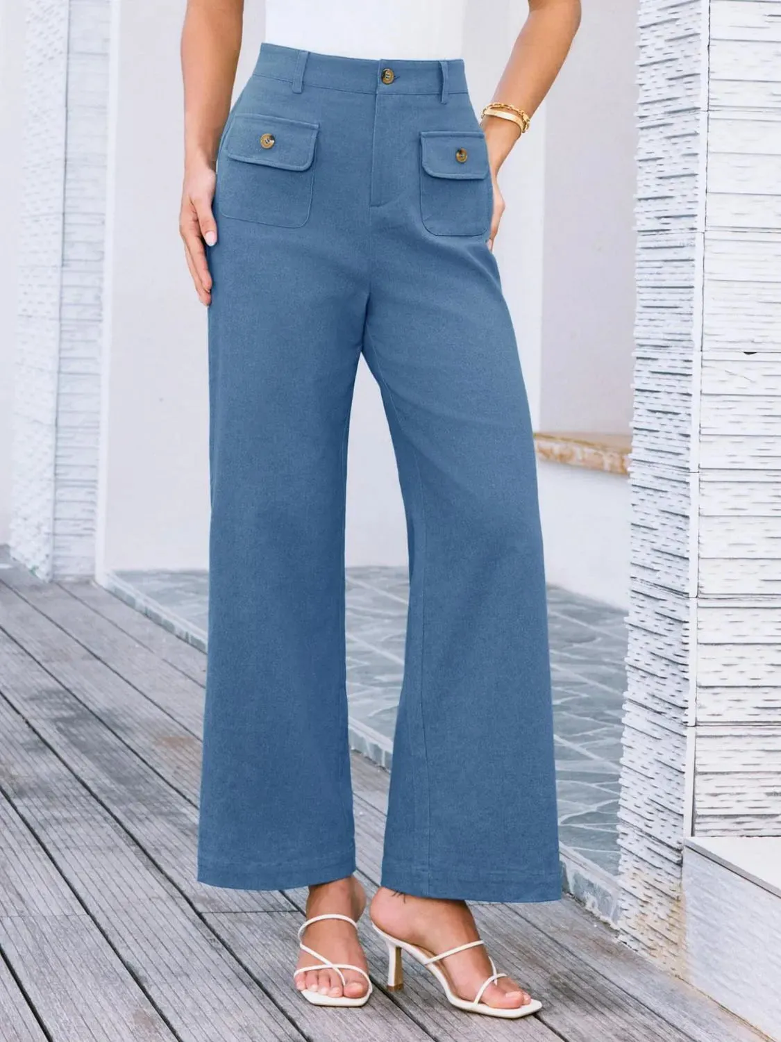 Closet Staple Design Gold Button High Waist Wide Leg Pants- Various Colors Options