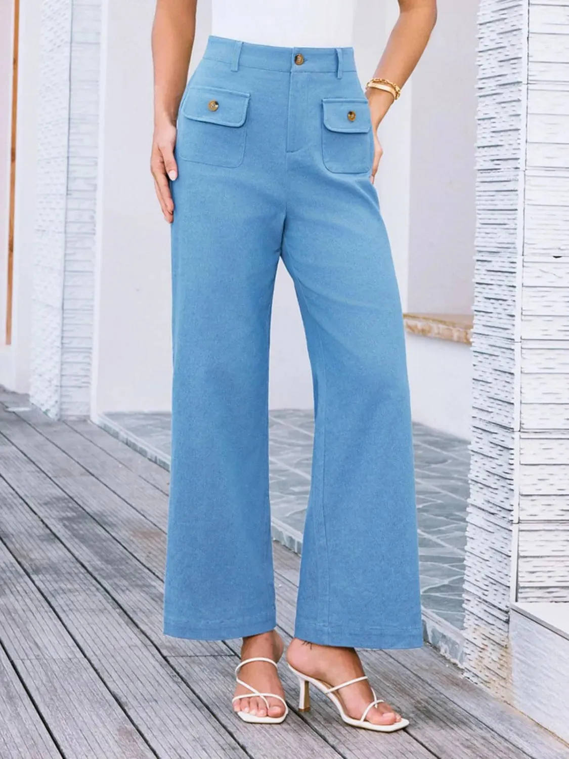 Closet Staple Design Gold Button High Waist Wide Leg Pants- Various Colors Options