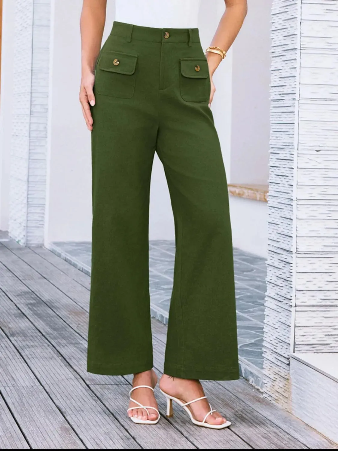 Closet Staple Design Gold Button High Waist Wide Leg Pants- Various Colors Options