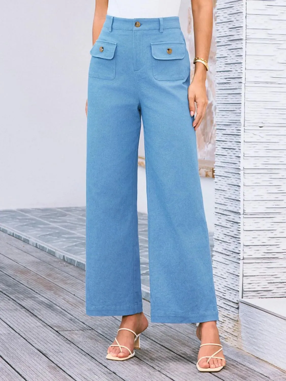 Closet Staple Design Gold Button High Waist Wide Leg Pants- Various Colors Options