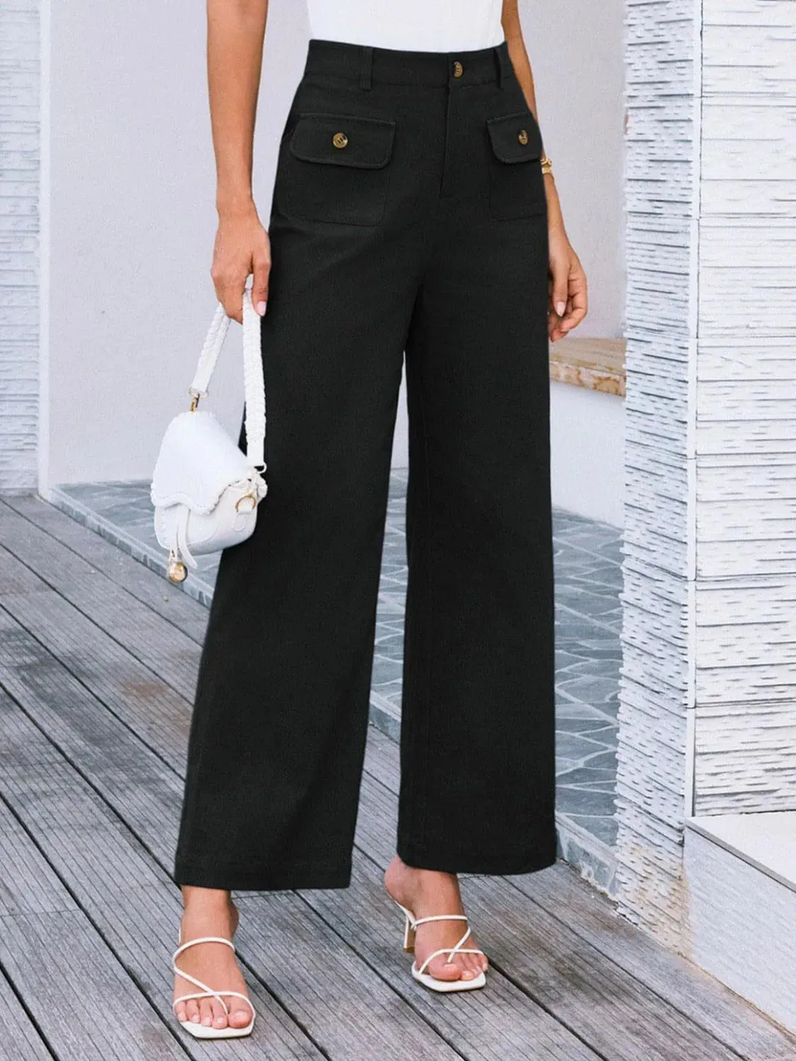 Closet Staple Design Gold Button High Waist Wide Leg Pants- Various Colors Options