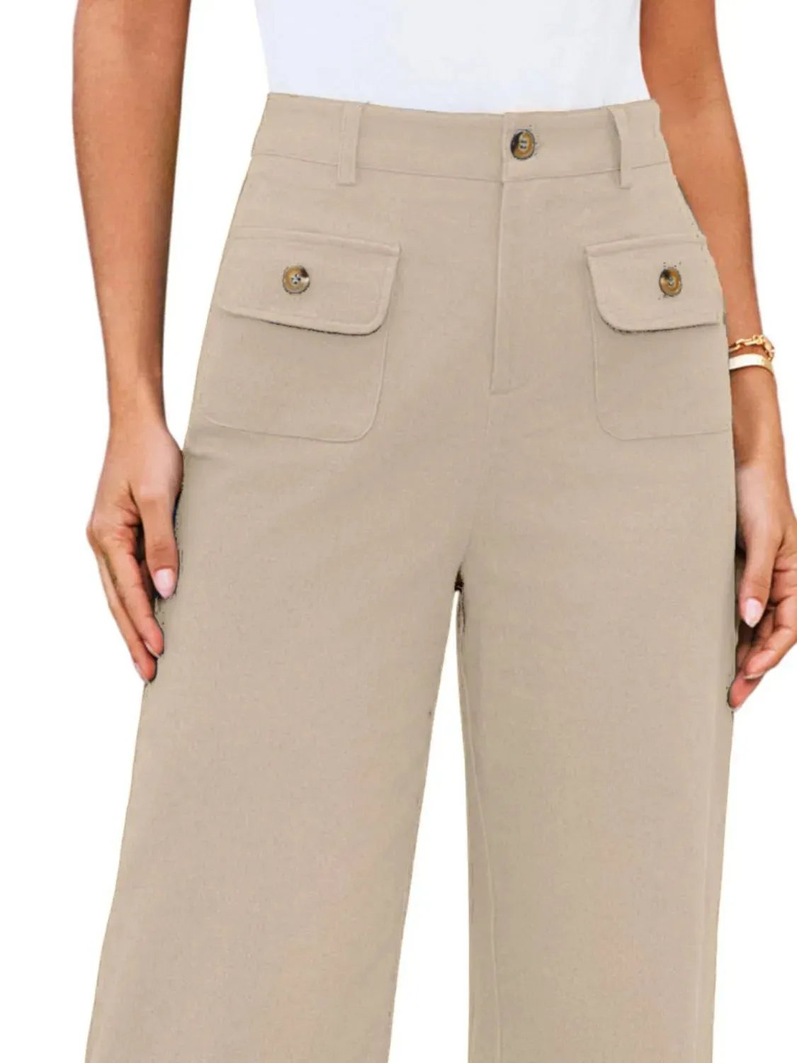 Closet Staple Design Gold Button High Waist Wide Leg Pants- Various Colors Options