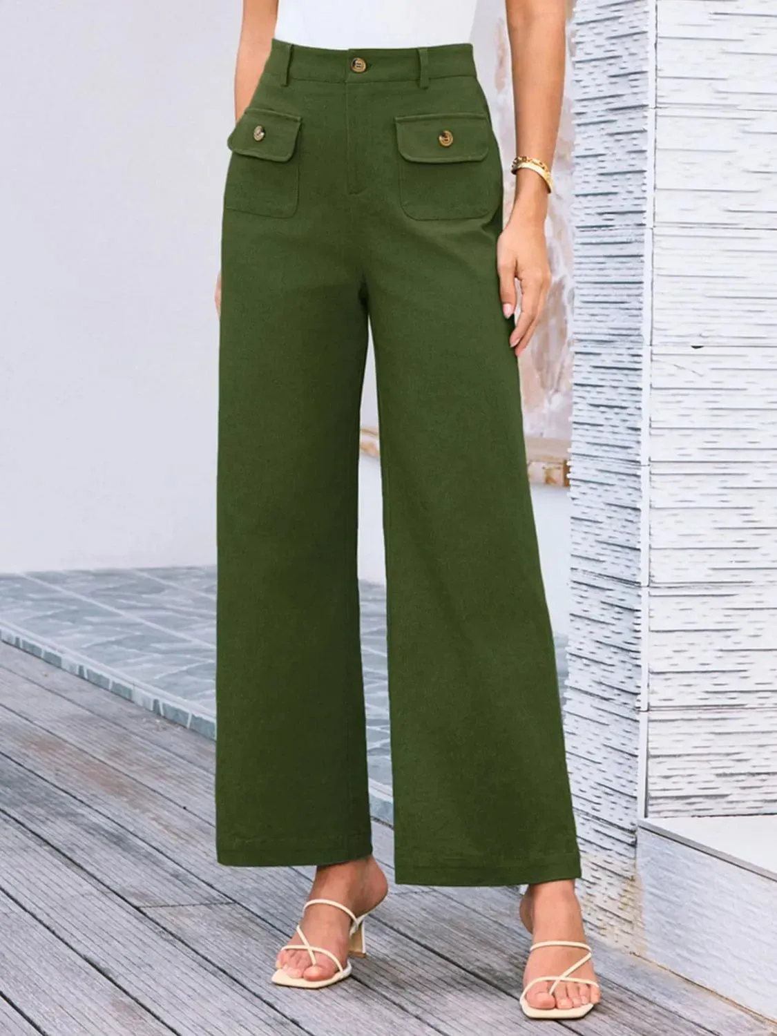 Closet Staple Design Gold Button High Waist Wide Leg Pants- Various Colors Options