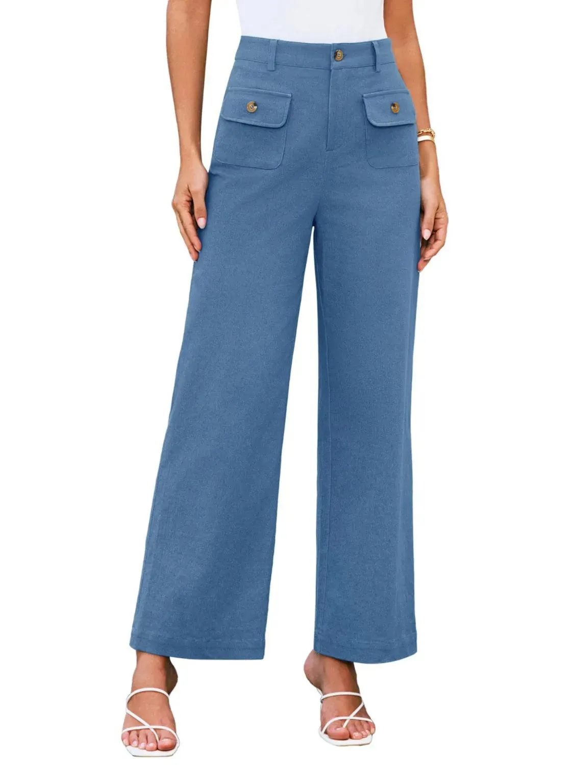 Closet Staple Design Gold Button High Waist Wide Leg Pants- Various Colors Options
