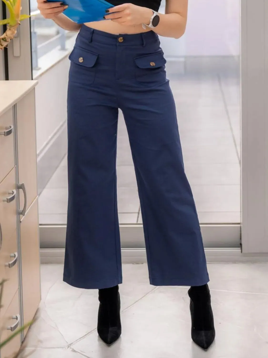 Closet Staple Design Gold Button High Waist Wide Leg Pants- Various Colors Options