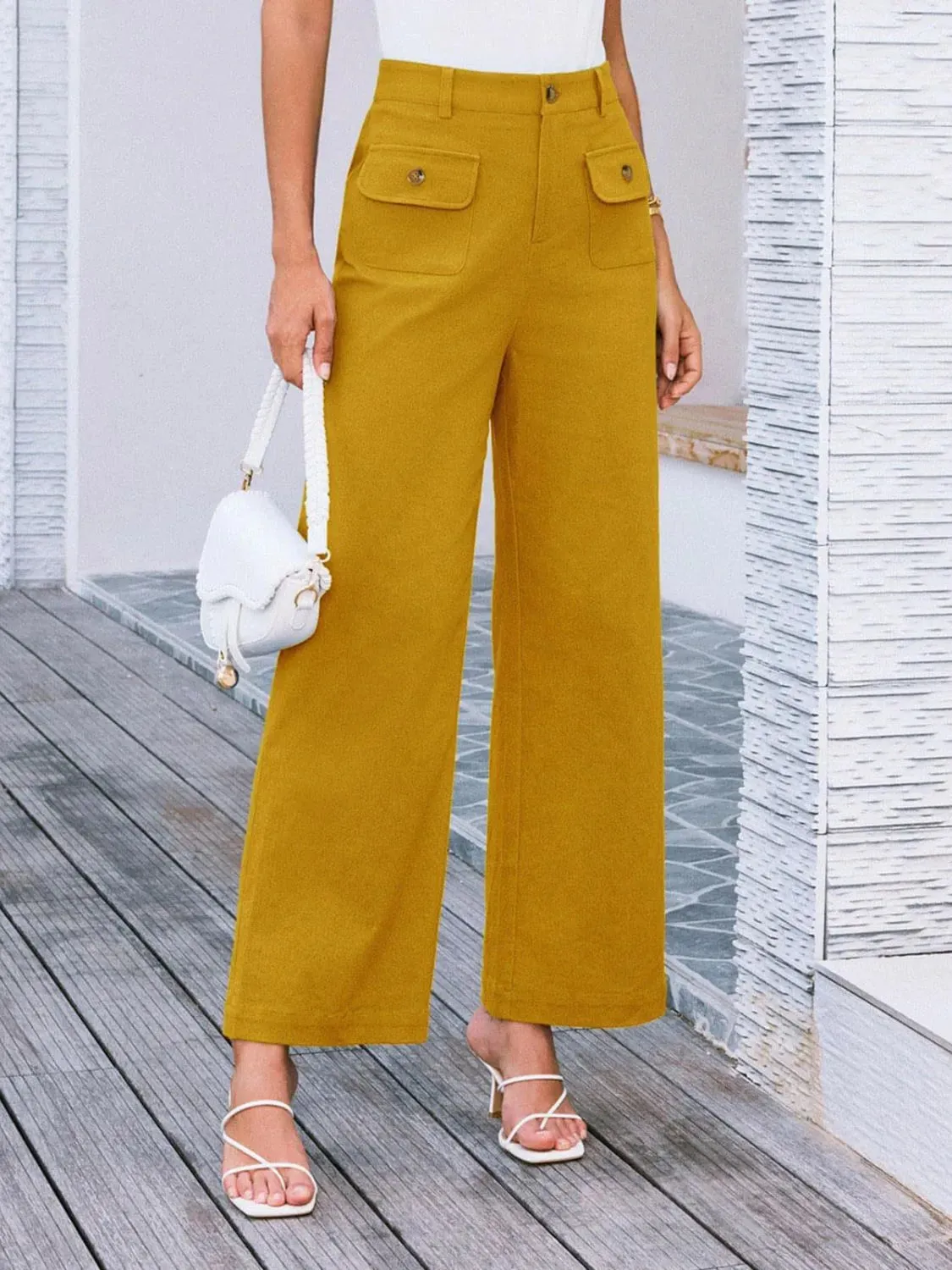 Closet Staple Design Gold Button High Waist Wide Leg Pants- Various Colors Options