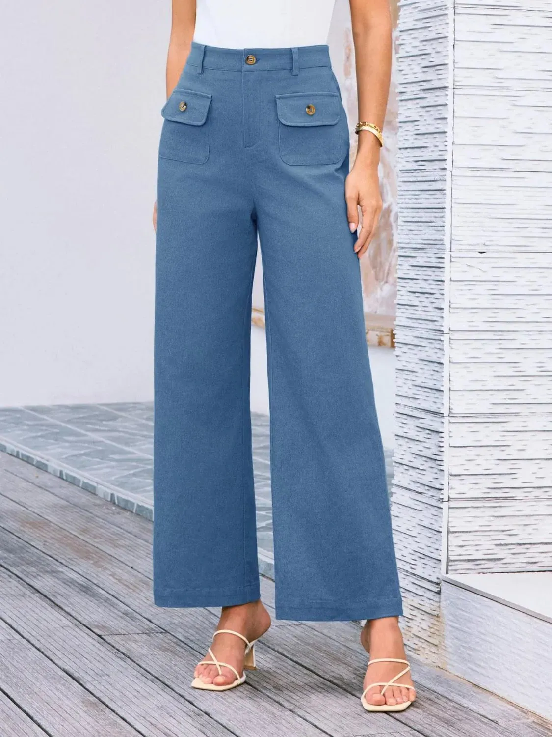 Closet Staple Design Gold Button High Waist Wide Leg Pants- Various Colors Options