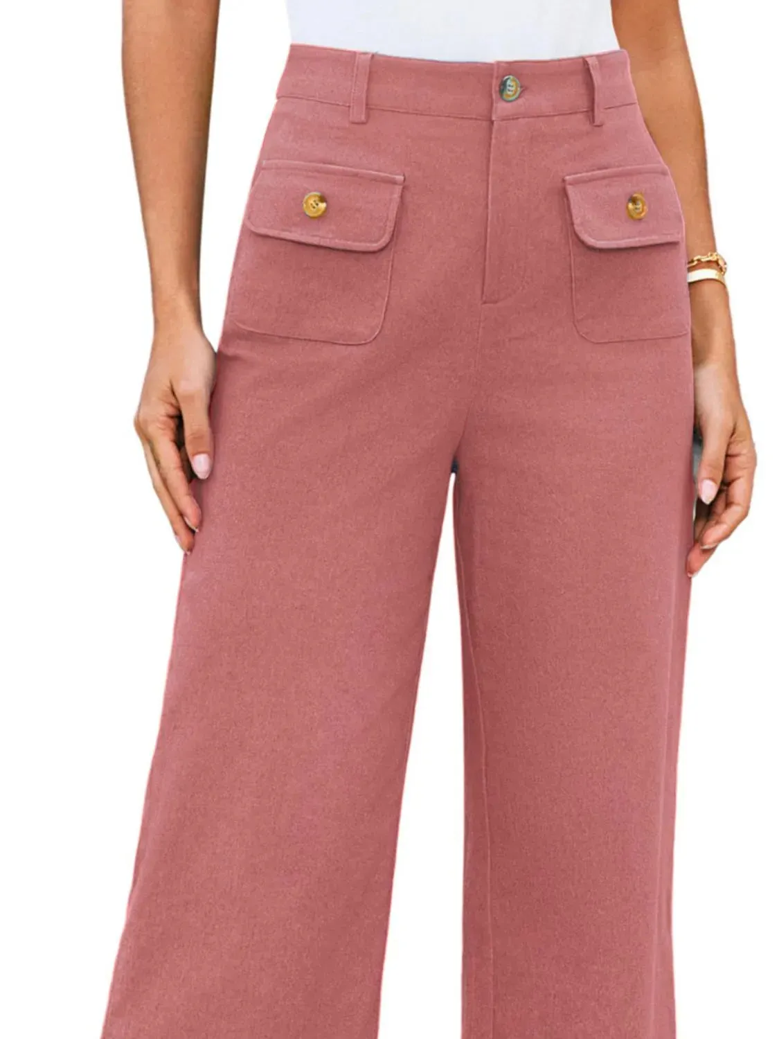 Closet Staple Design Gold Button High Waist Wide Leg Pants- Various Colors Options