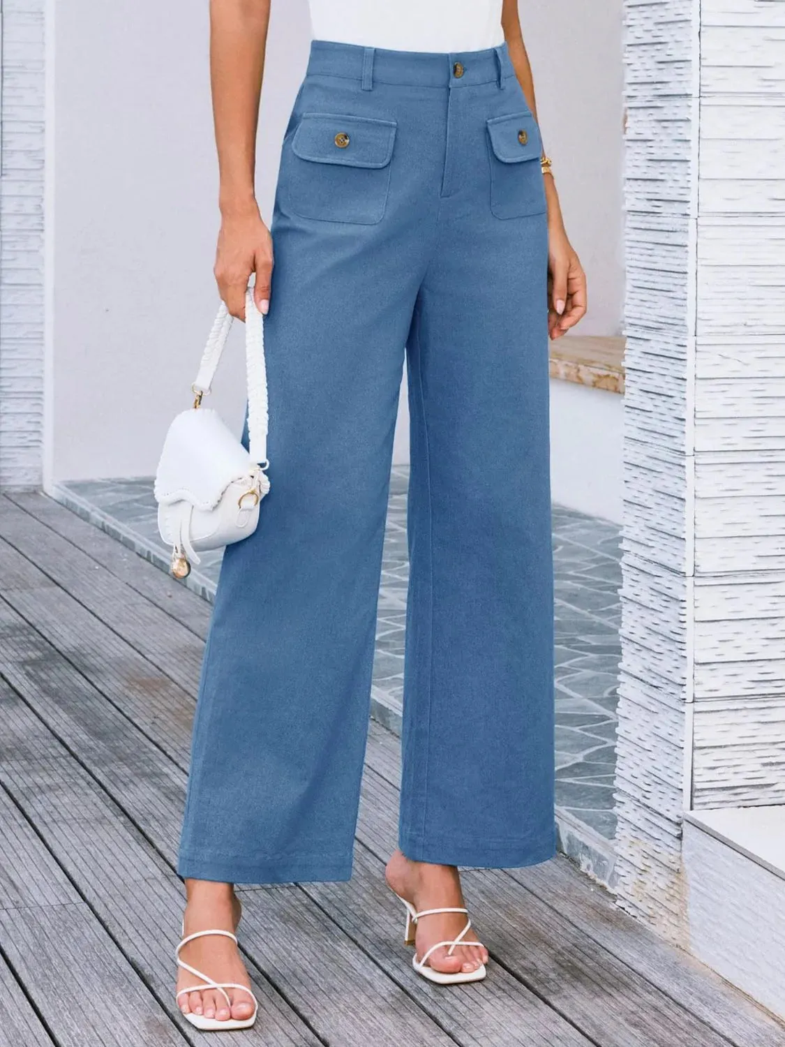 Closet Staple Design Gold Button High Waist Wide Leg Pants- Various Colors Options