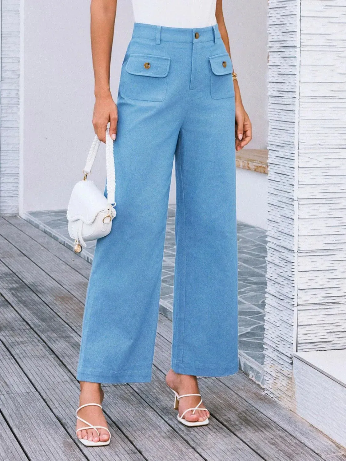 Closet Staple Design Gold Button High Waist Wide Leg Pants- Various Colors Options