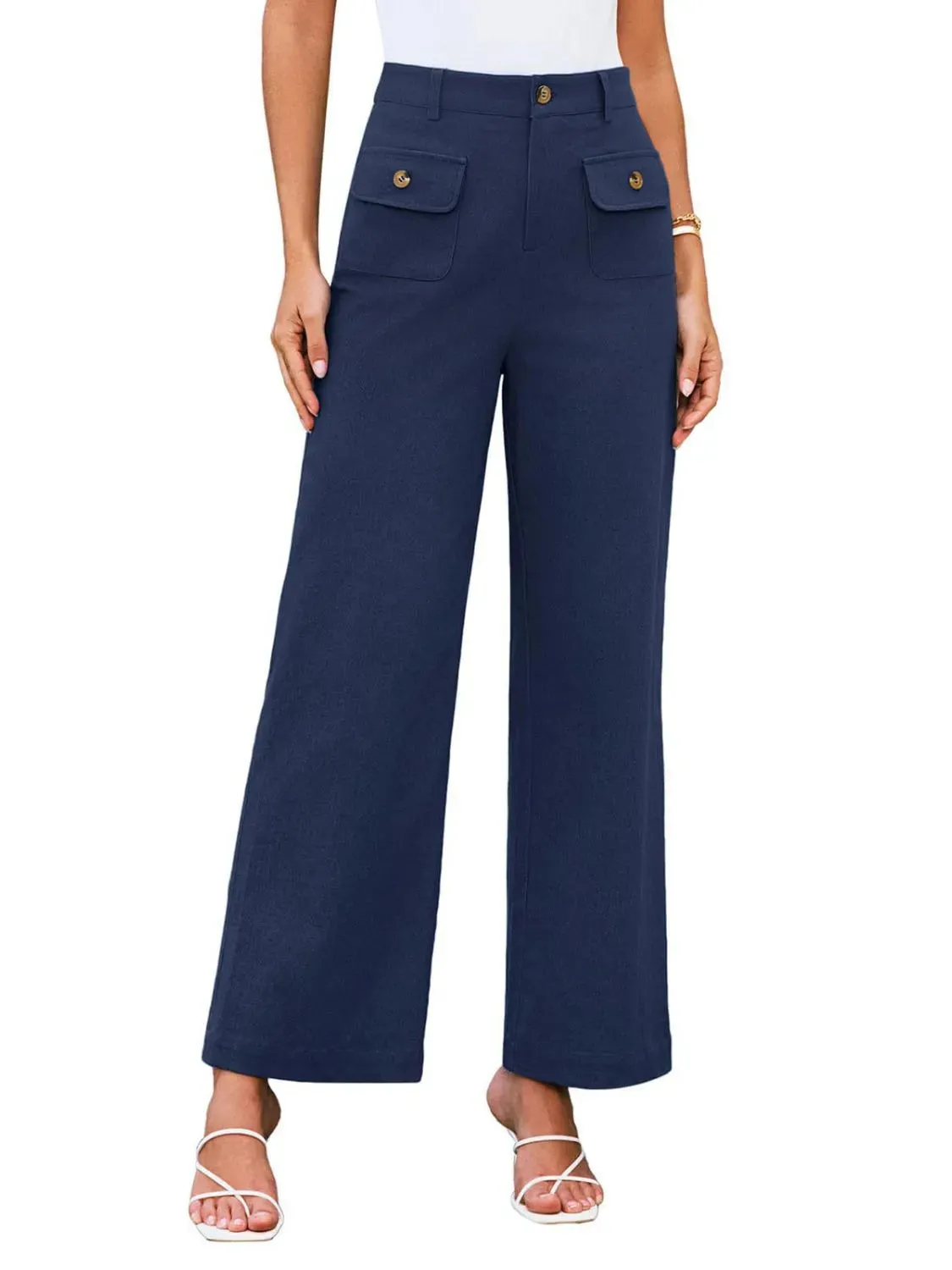 Closet Staple Design Gold Button High Waist Wide Leg Pants- Various Colors Options