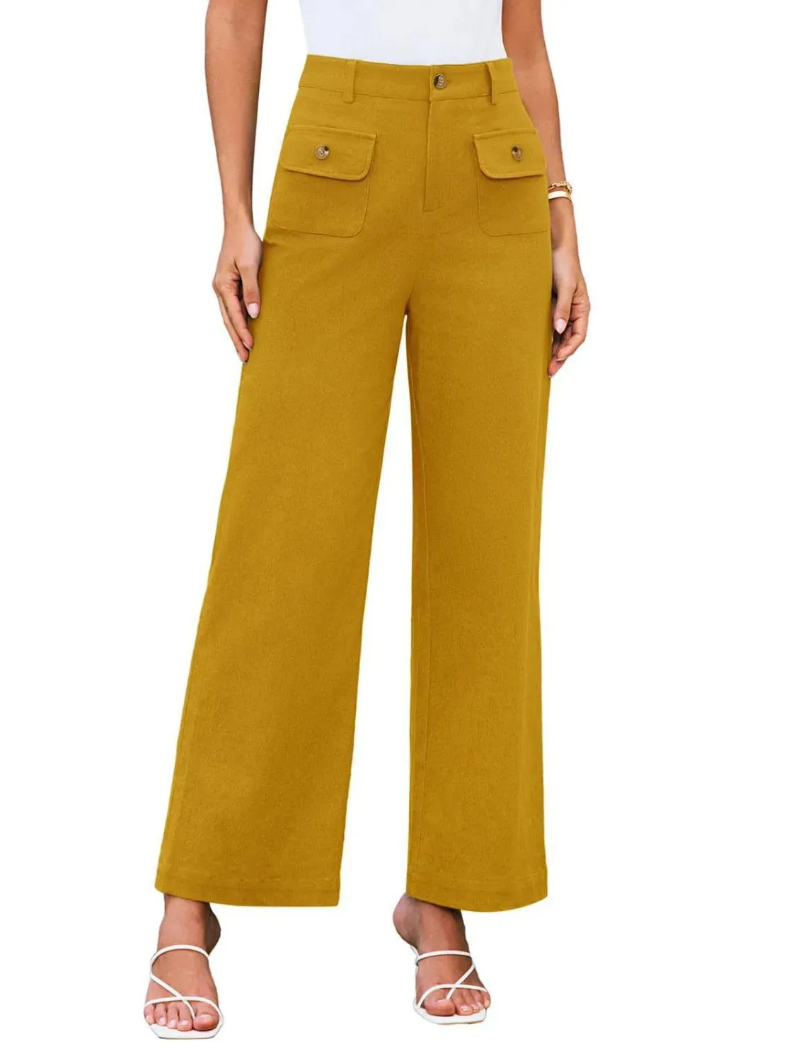 Closet Staple Design Gold Button High Waist Wide Leg Pants- Various Colors Options