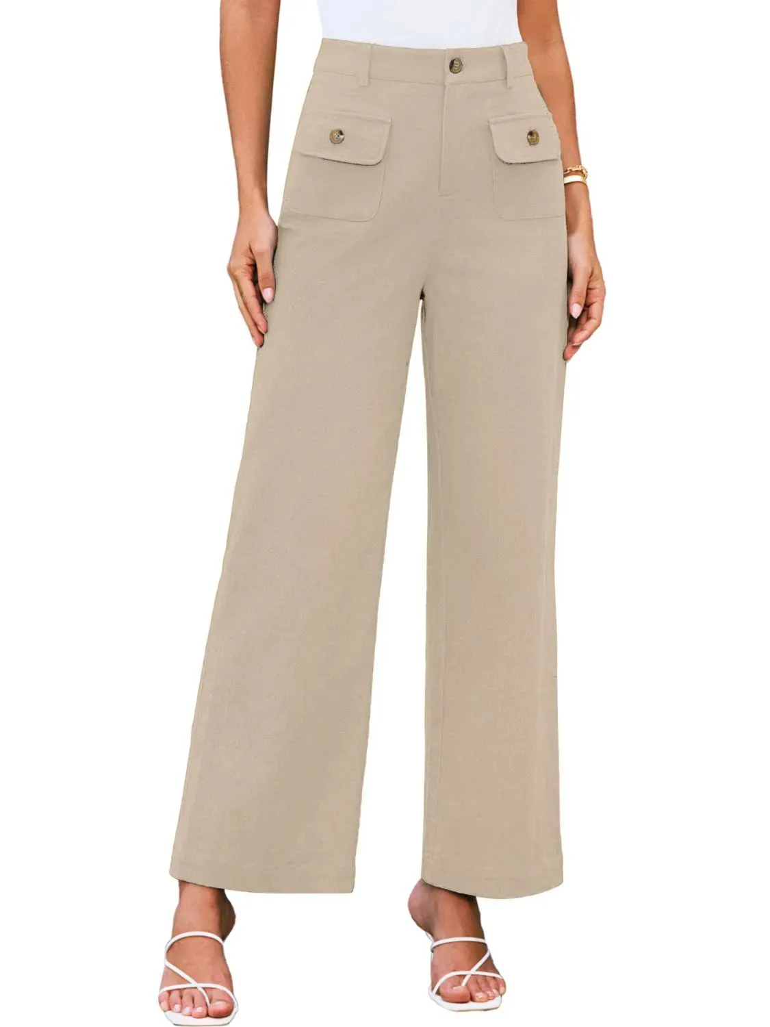 Closet Staple Design Gold Button High Waist Wide Leg Pants- Various Colors Options
