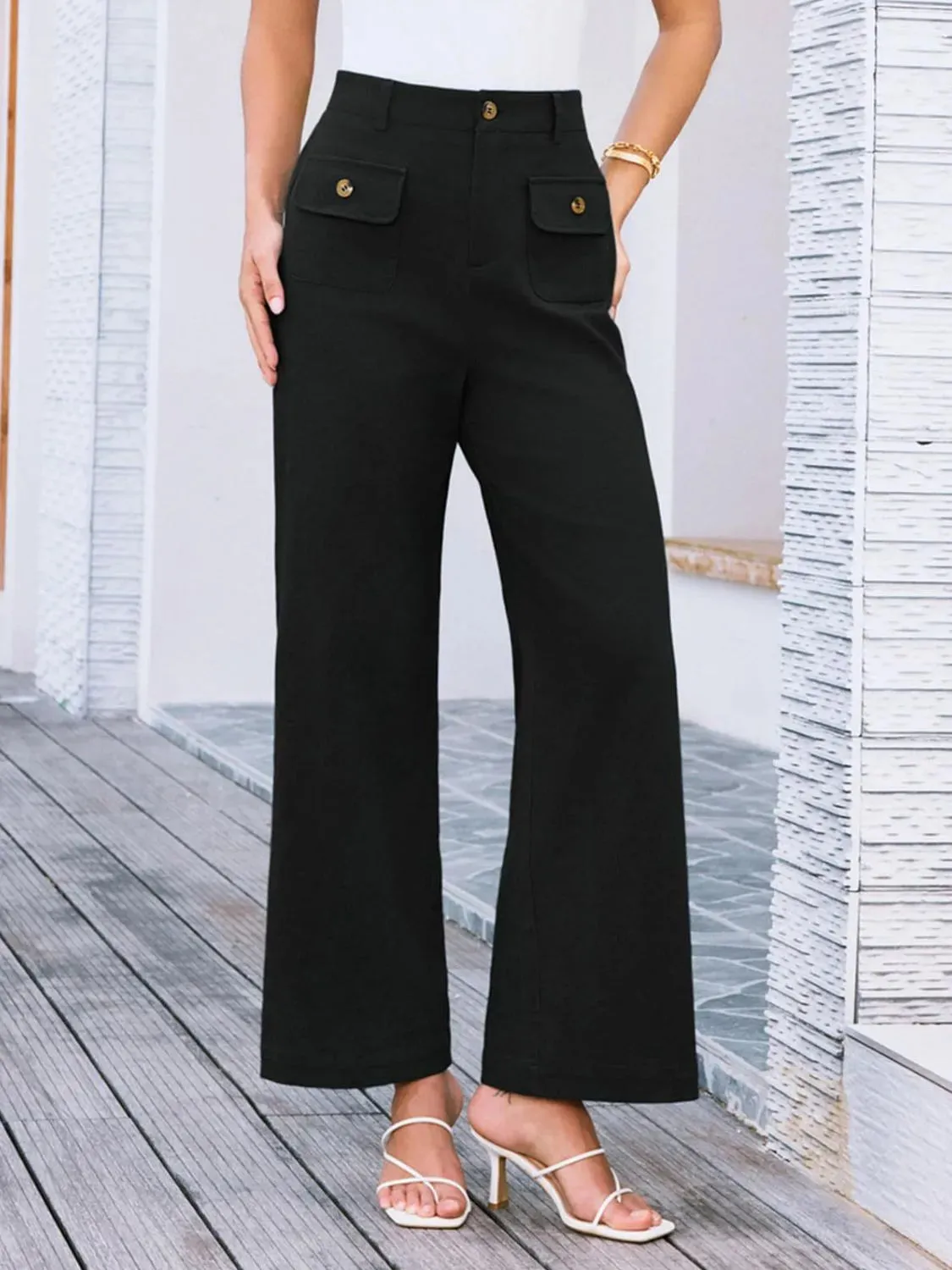 Closet Staple Design Gold Button High Waist Wide Leg Pants- Various Colors Options