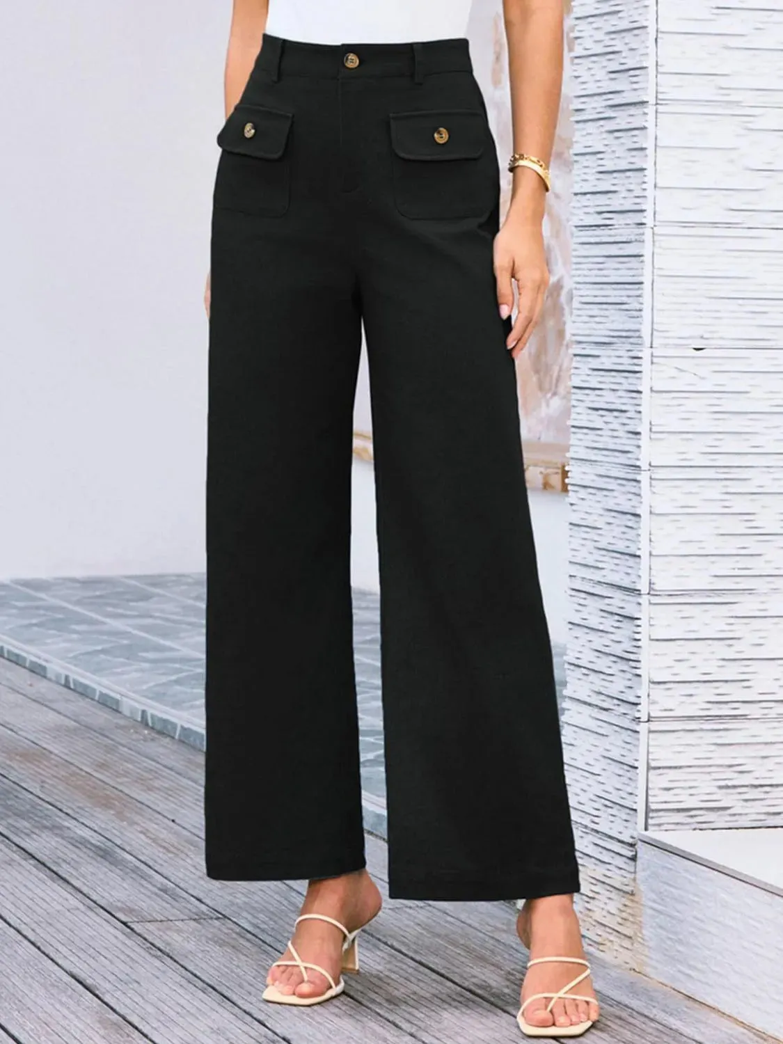 Closet Staple Design Gold Button High Waist Wide Leg Pants- Various Colors Options
