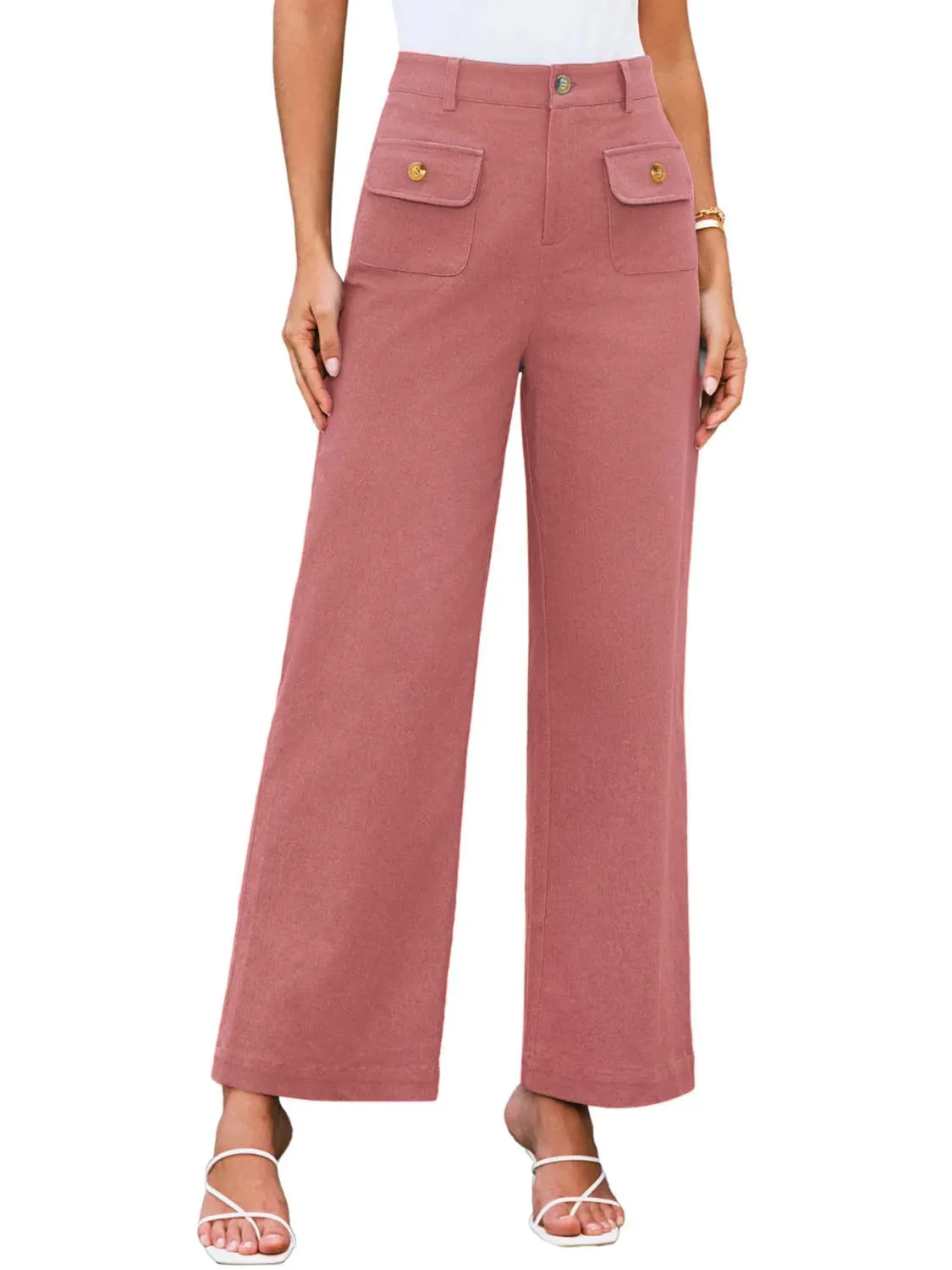 Closet Staple Design Gold Button High Waist Wide Leg Pants- Various Colors Options