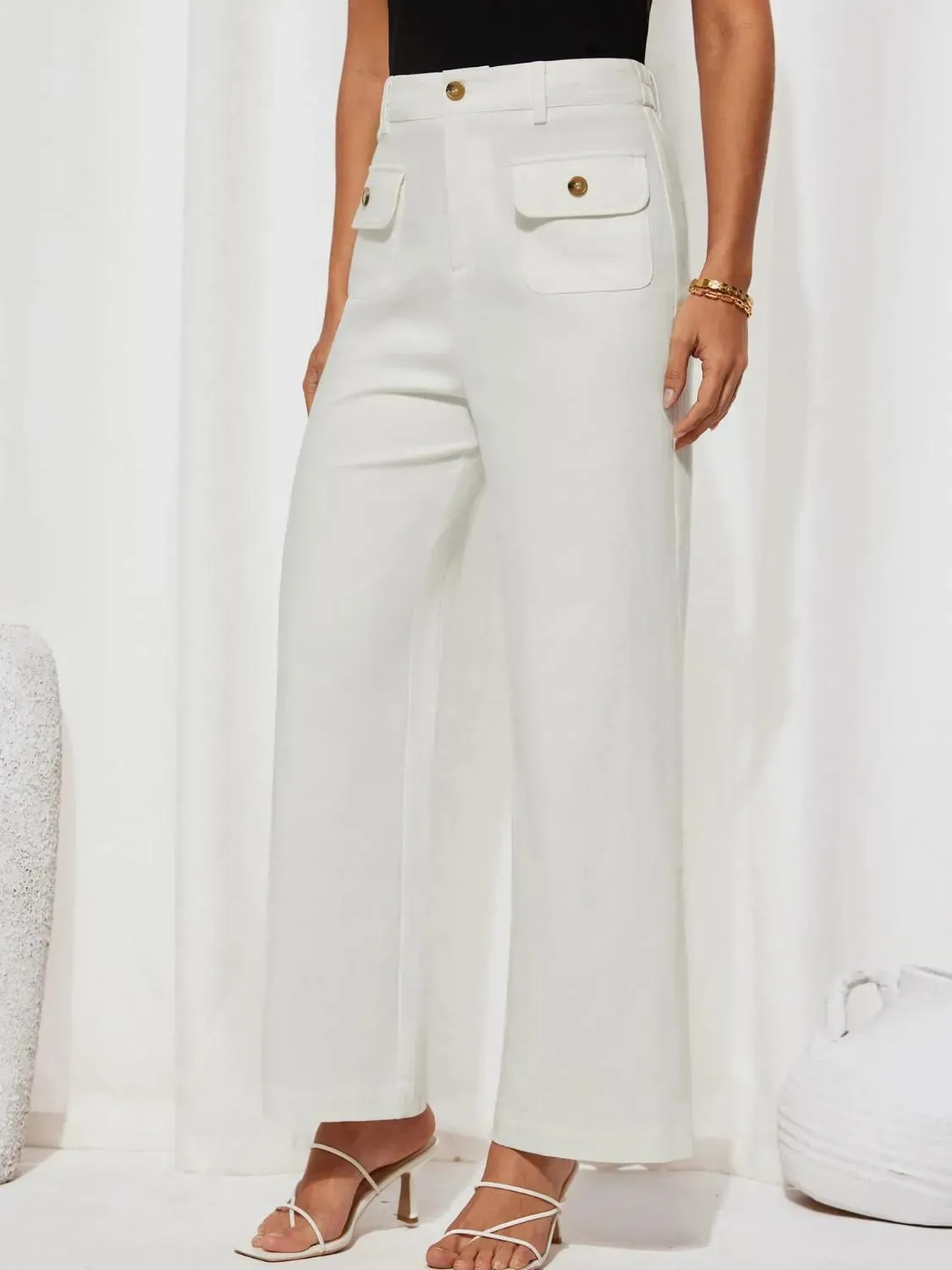 Closet Staple Design Gold Button High Waist Wide Leg Pants- Various Colors Options
