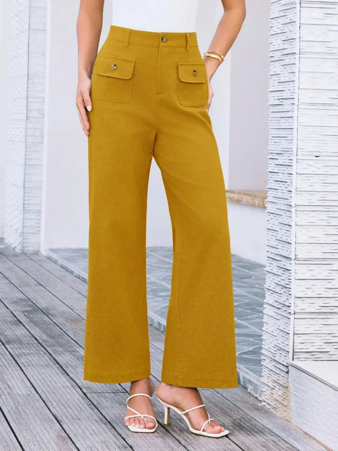 Closet Staple Design Gold Button High Waist Wide Leg Pants- Various Colors Options