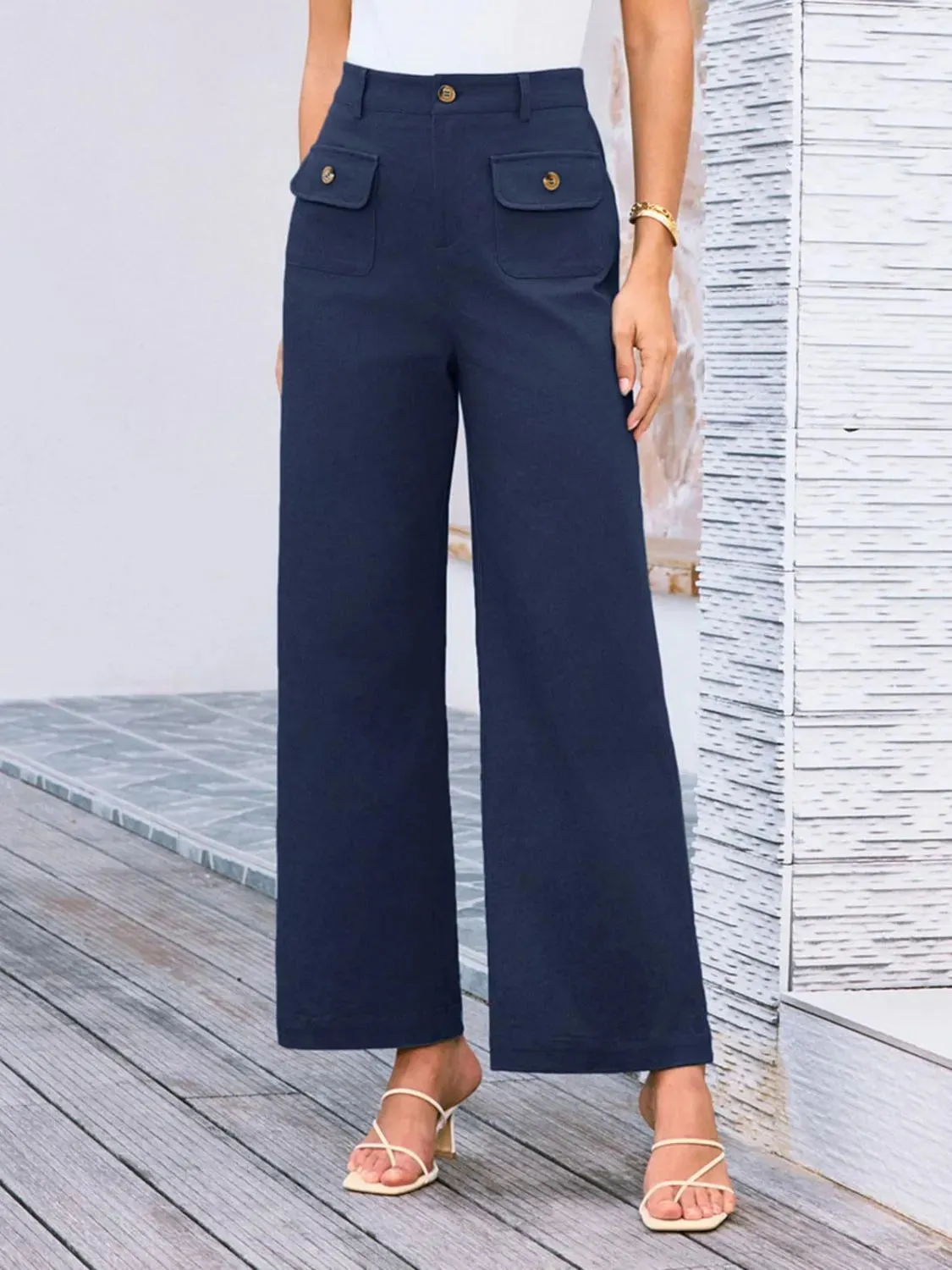 Closet Staple Design Gold Button High Waist Wide Leg Pants- Various Colors Options
