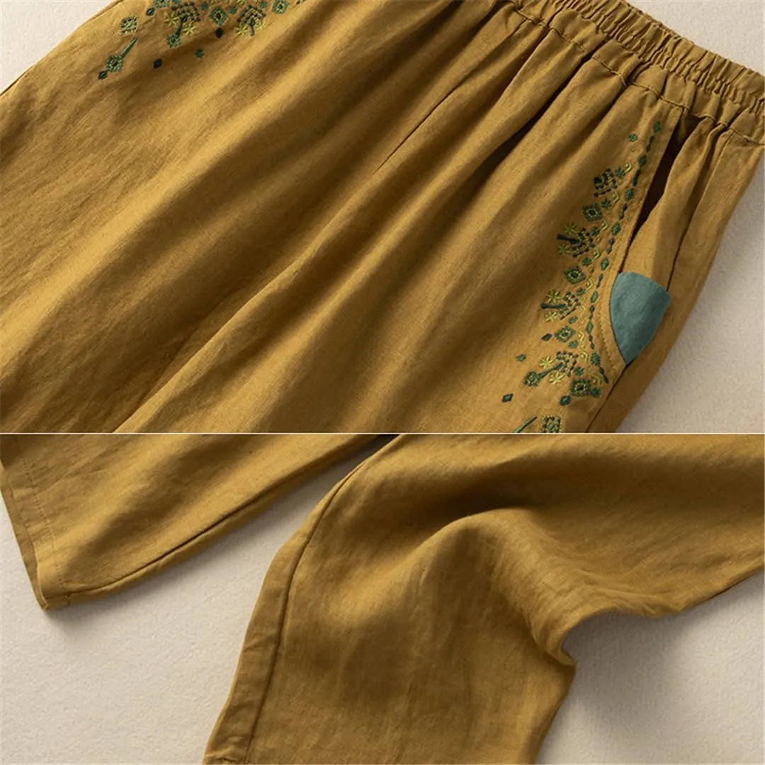 Cotton Linen Embroidered Radish Pants Female High Waist Loose Casual Nine-Point Harem Pants
