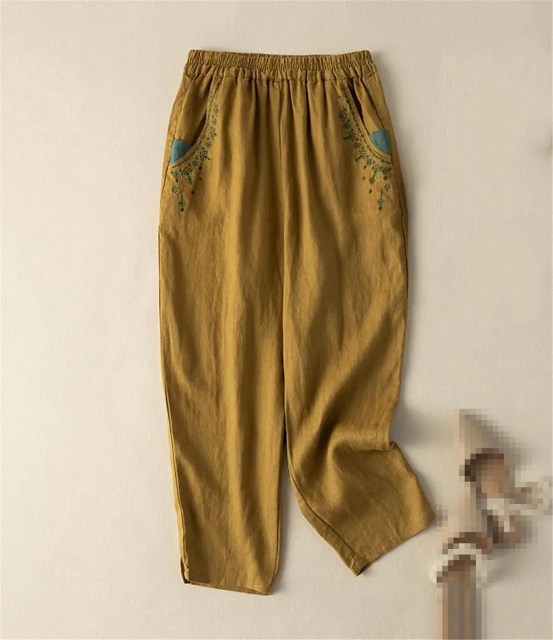 Cotton Linen Embroidered Radish Pants Female High Waist Loose Casual Nine-Point Harem Pants