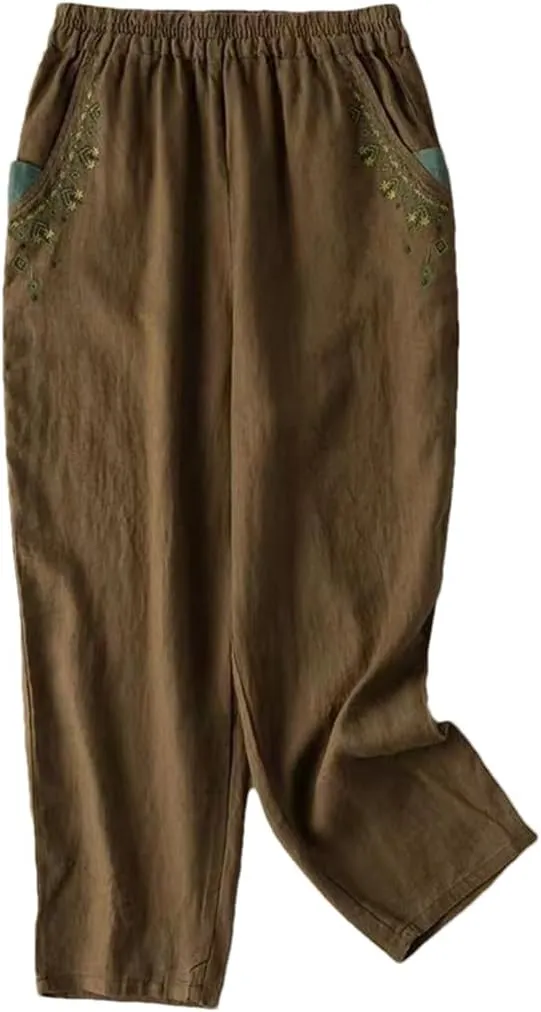 Cotton Linen Embroidered Radish Pants Female High Waist Loose Casual Nine-Point Harem Pants
