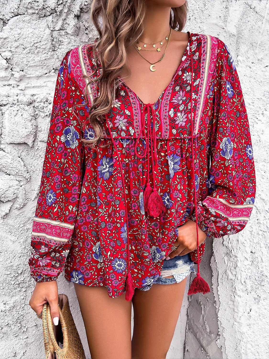 Explore More  Collection - Printed Tie Neck Long Sleeve Blouse