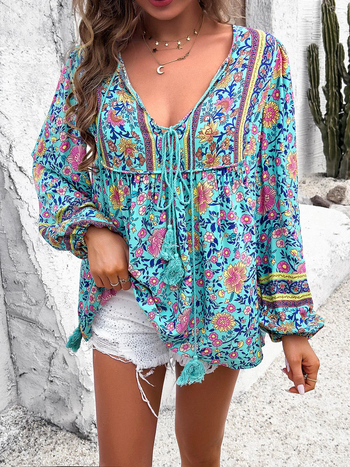 Explore More  Collection - Printed Tie Neck Long Sleeve Blouse