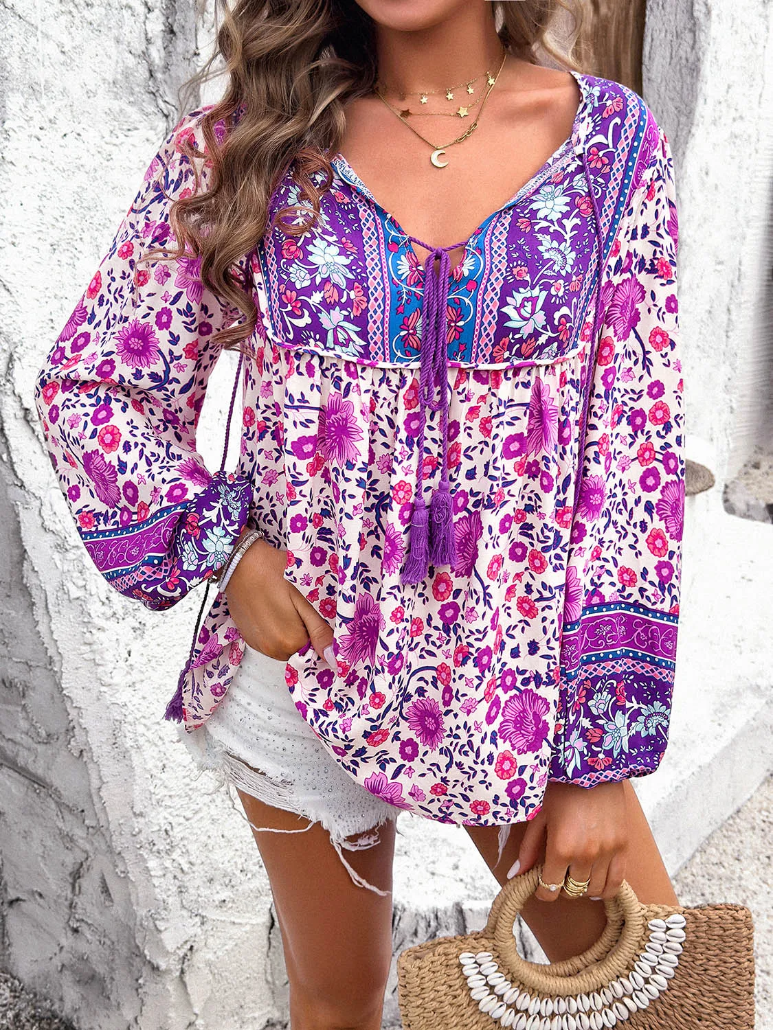 Explore More  Collection - Printed Tie Neck Long Sleeve Blouse