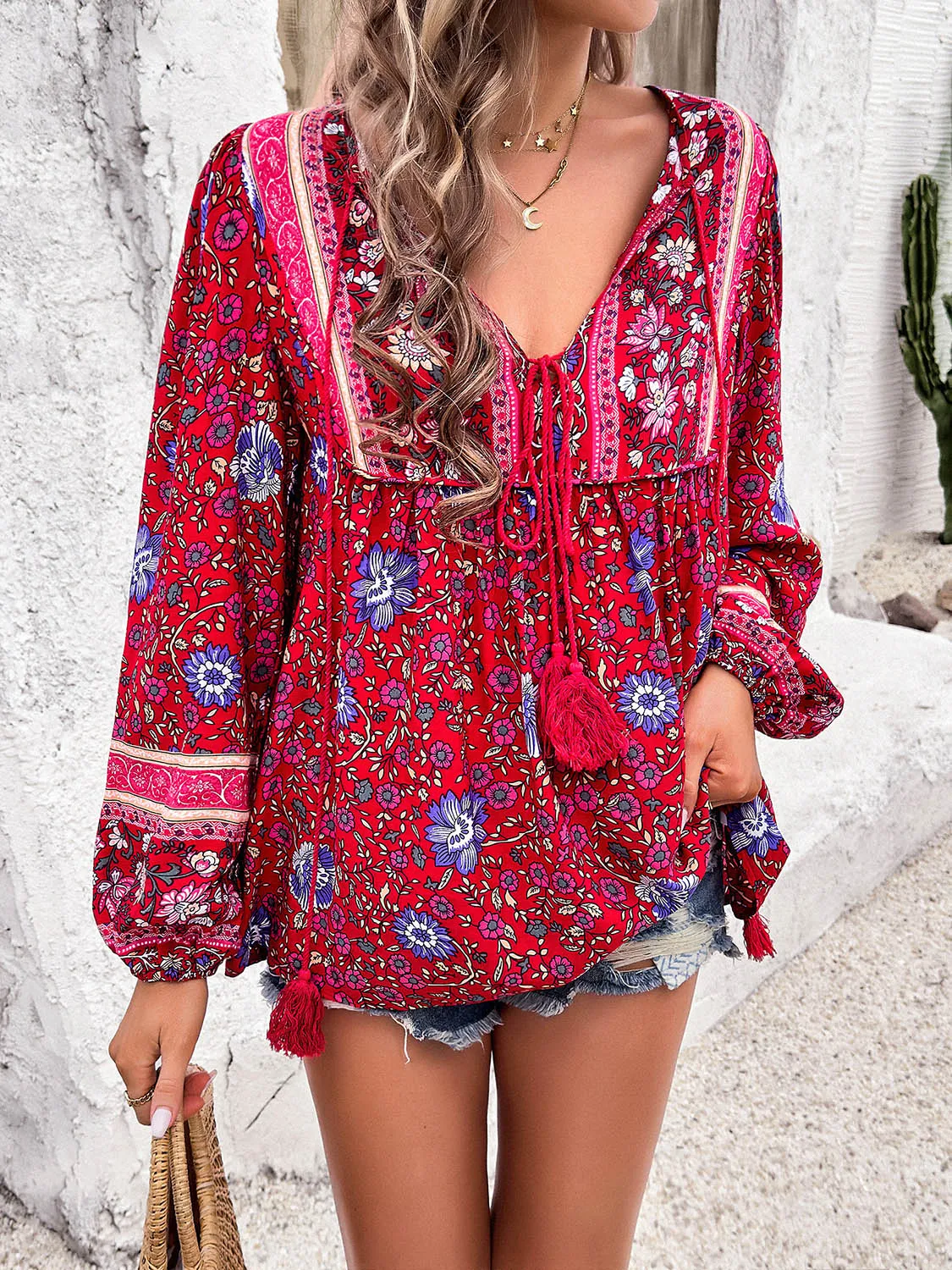 Explore More  Collection - Printed Tie Neck Long Sleeve Blouse