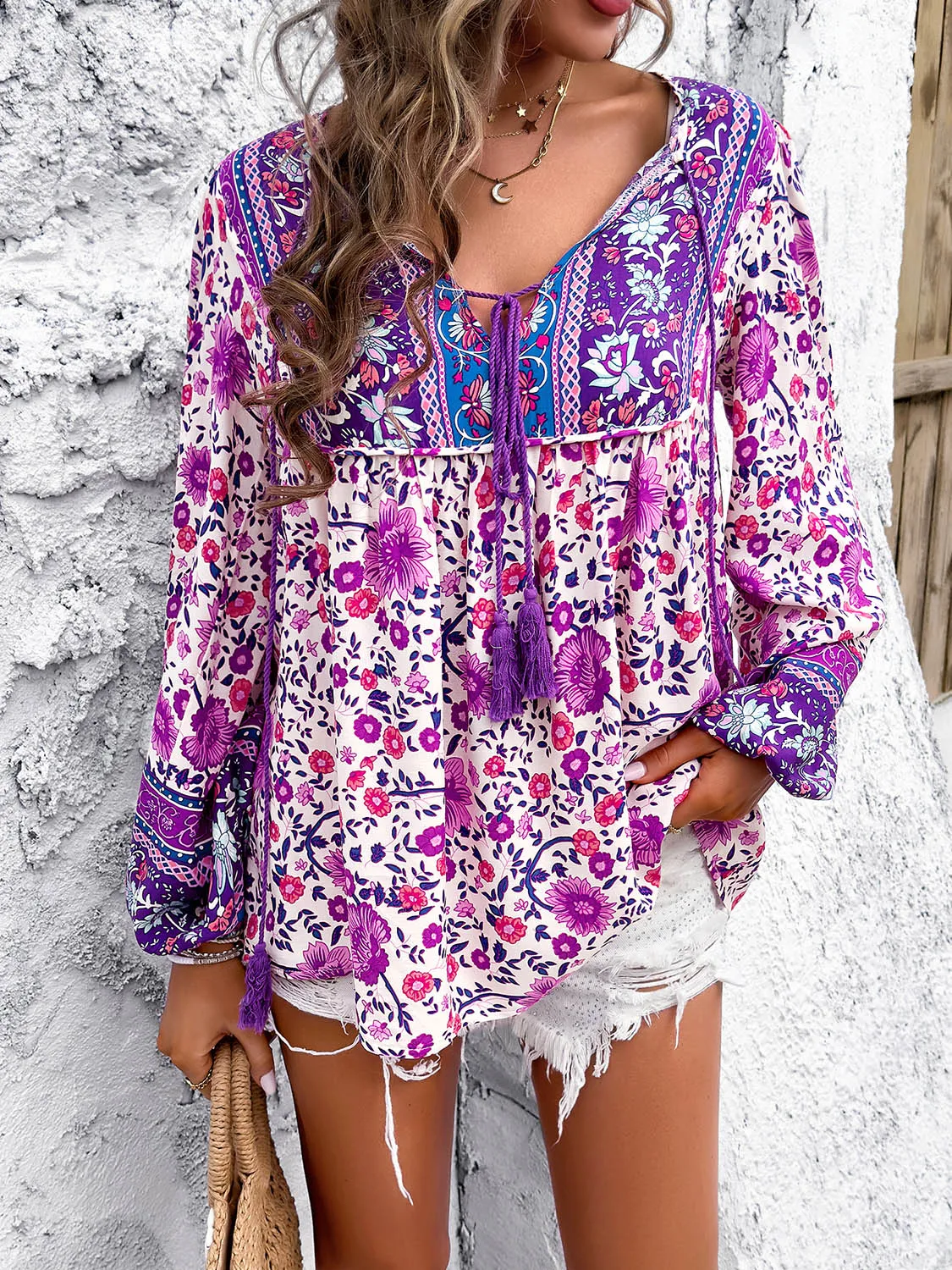 Explore More  Collection - Printed Tie Neck Long Sleeve Blouse