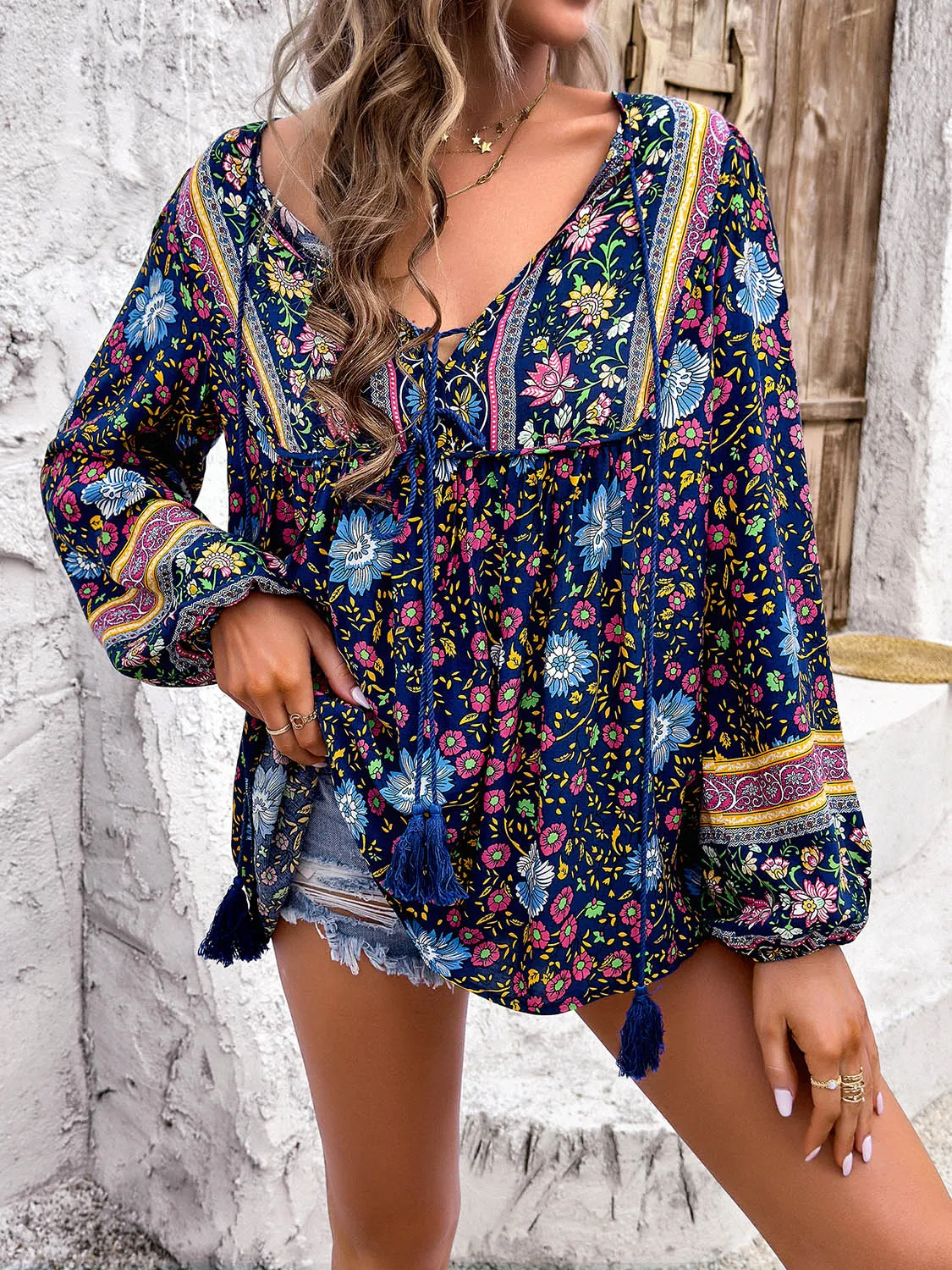 Explore More  Collection - Printed Tie Neck Long Sleeve Blouse